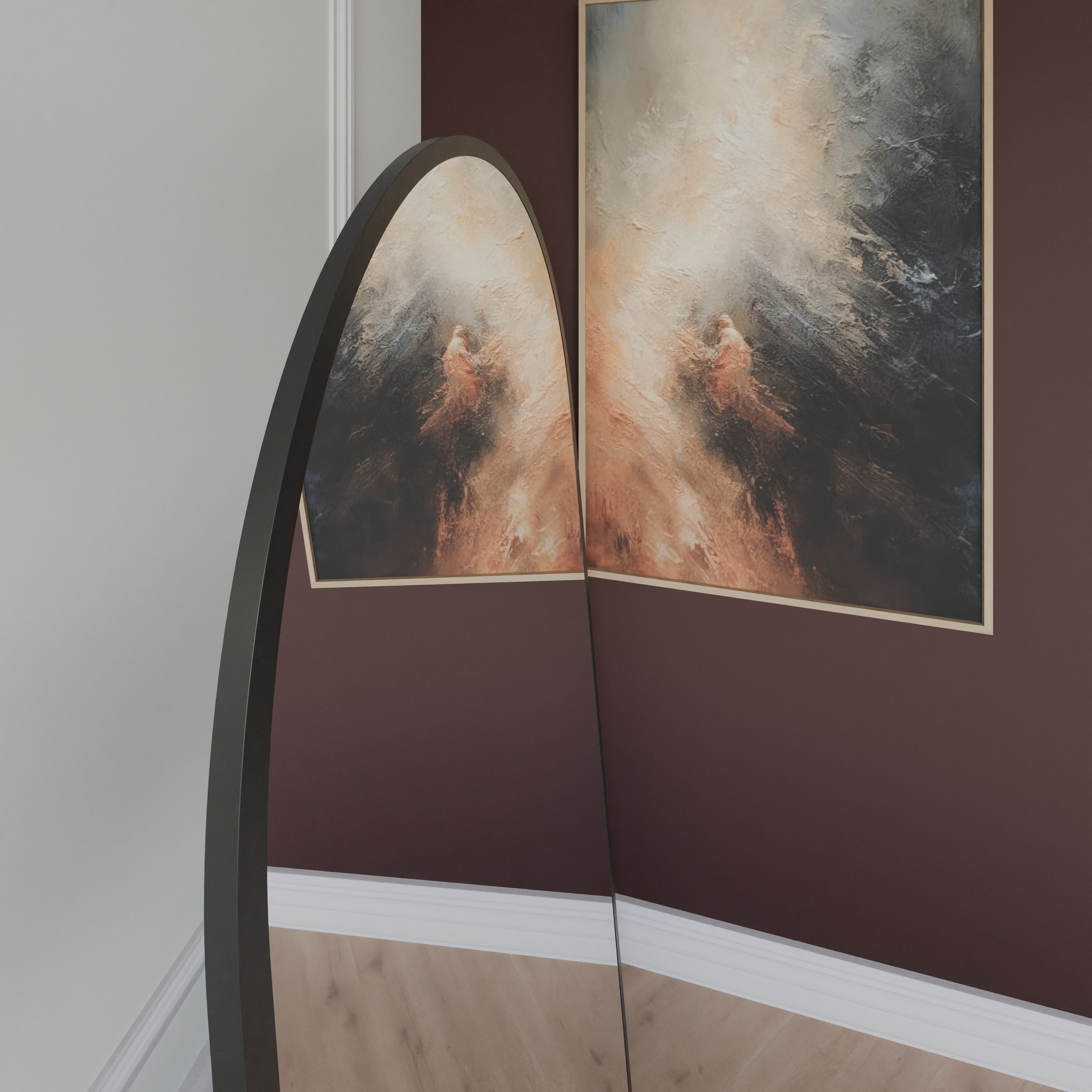 Detailaufnahme Rundbogen-Spiegel Noir, mattschwarzer Metallrahmen und Spiegelkante.