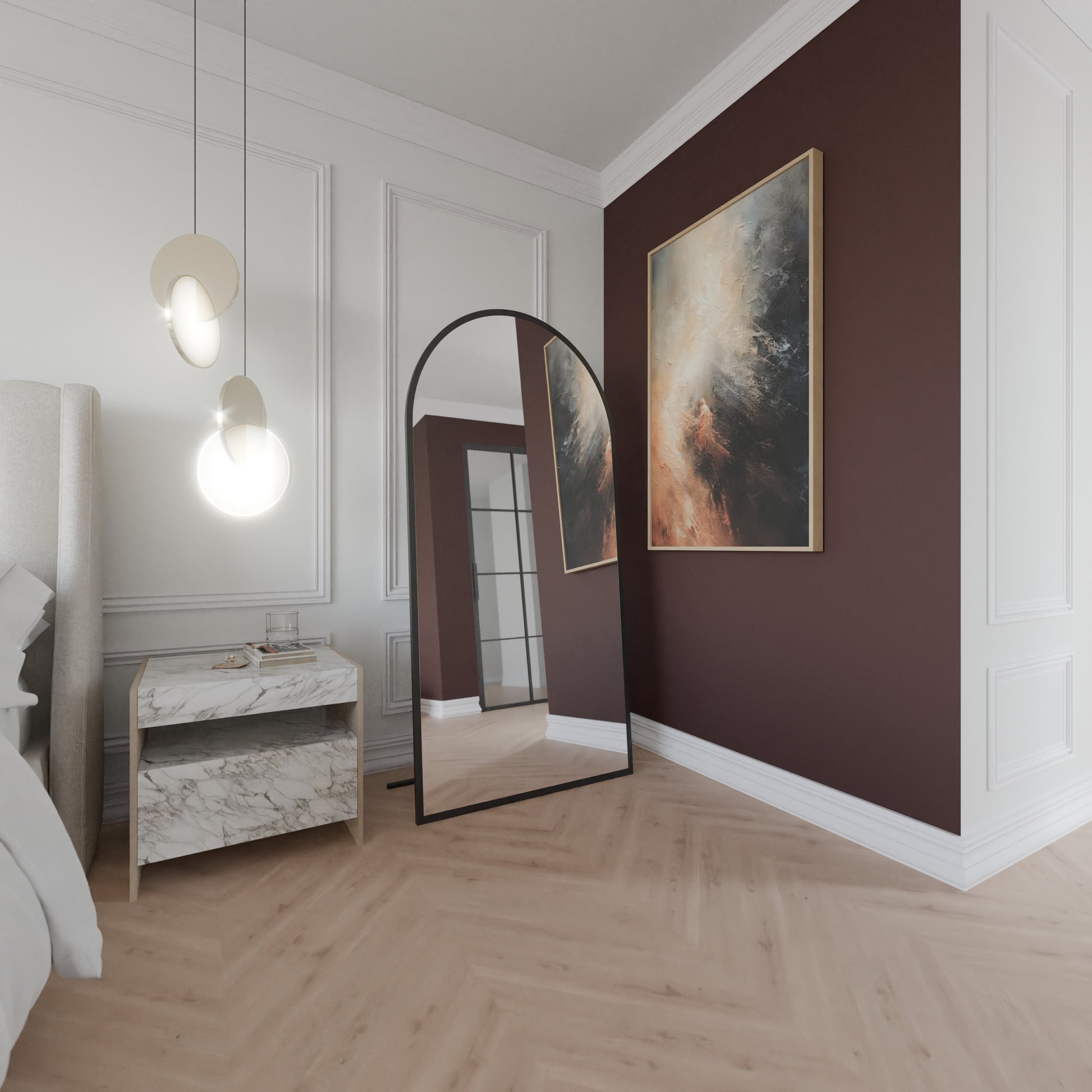 Rundbogen-Standspiegel Noir Mattschwarz, freistehend mit Raumreflexion im Hintergrund.