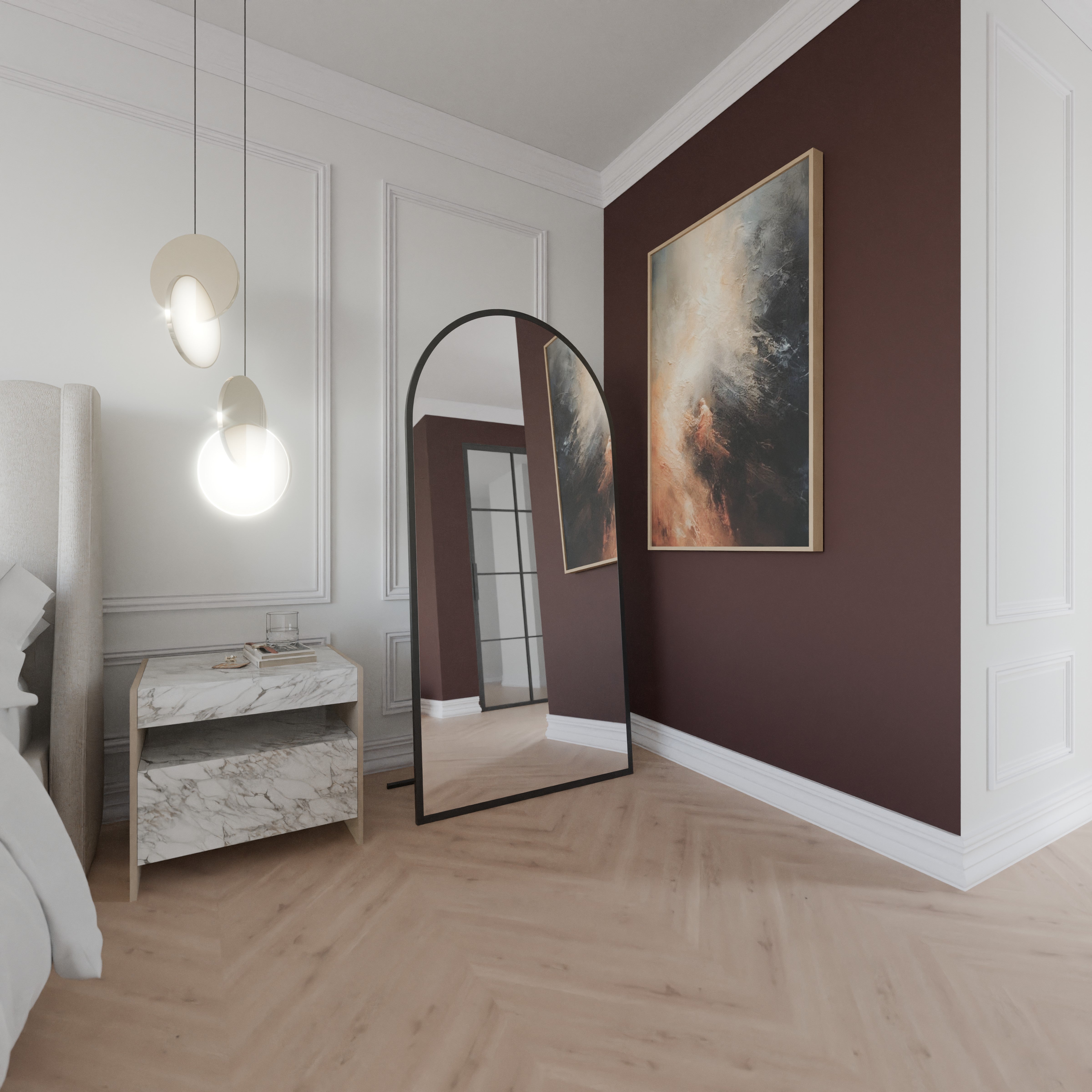 Rundbogen-Standspiegel Noir Mattschwarz, freistehend mit Raumreflexion im Hintergrund.