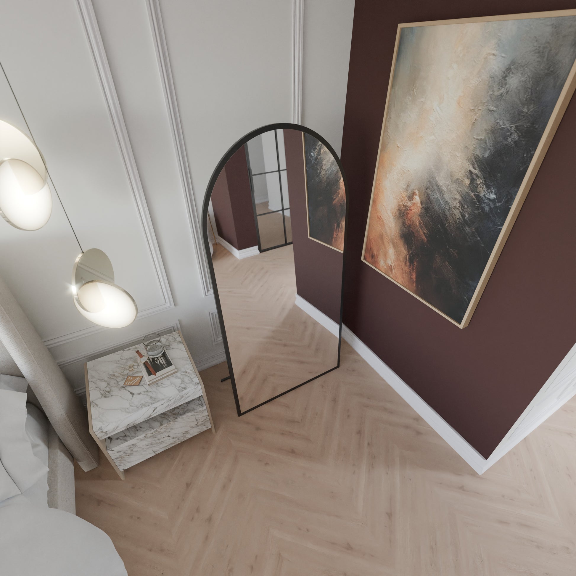 Rundbogen-Standspiegel Noir in Mattschwarz, Perspektive von oben im Schlafzimmer-Setup.