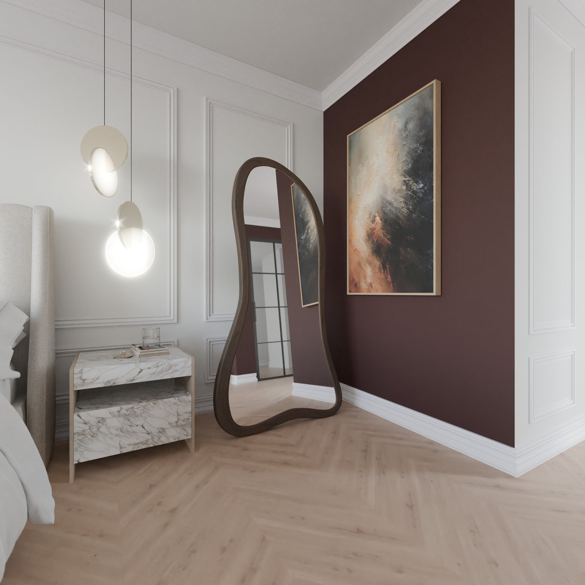 Organischer Ganzkörperspiegel als Standspiegel mit dunklem Holzrahmen neben Nachttisch im modernen Schlafzimmer