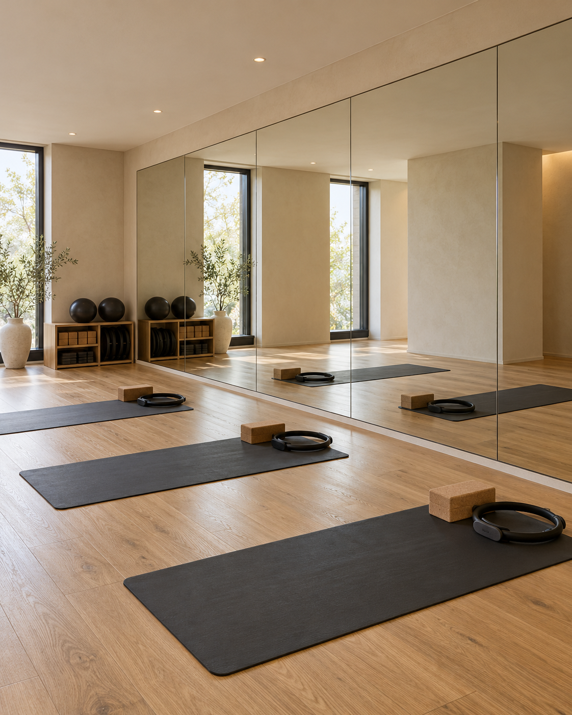 Visualisierung eines Pilates-Kursraums mit rahmenloser Spiegelwand, Trainingsmatten und Pilates-Zubehör.