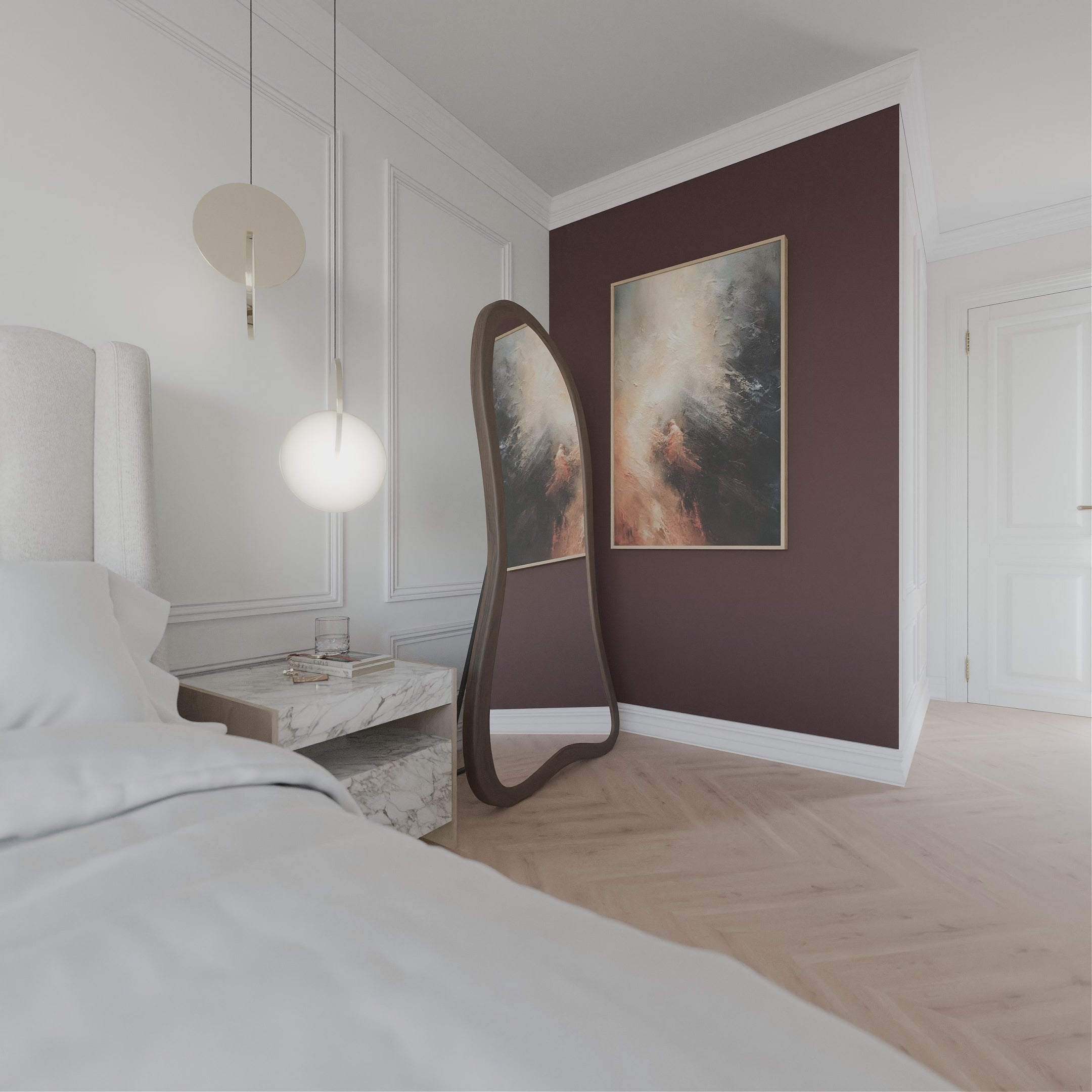 Video laden: Showvideo des Standspiegels Meris aus Massivholz in einem Schlafzimmer.