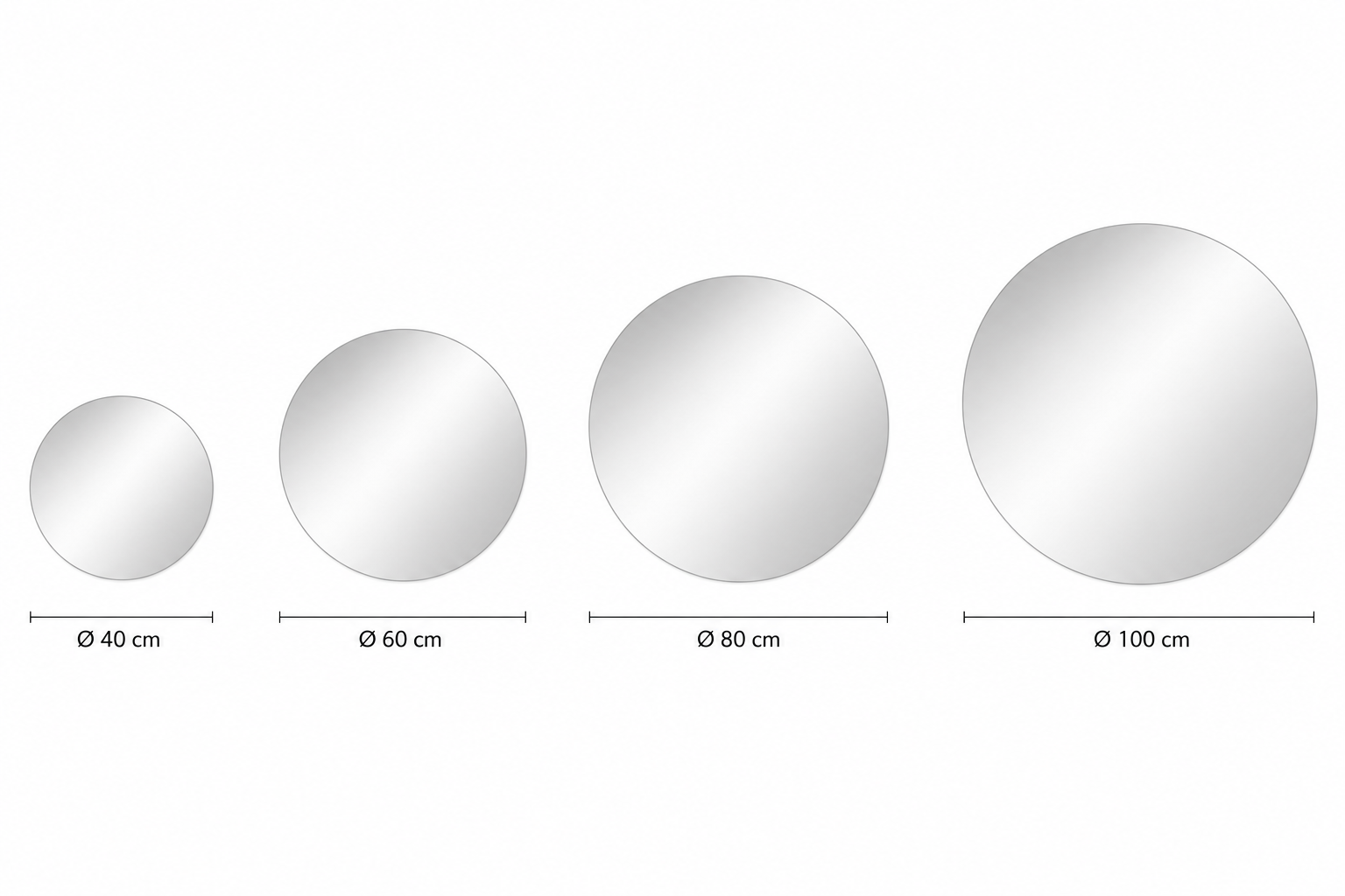 Runde SPIEGELMAX Wandspiegel im Größenvergleich mit Durchmessern von 40 cm, 60 cm, 80 cm und 100 cm. Das Bild zeigt verschiedene Spiegelgrößen zur einfachen Auswahl des passenden runden Spiegels für Bad, Flur, Schlafzimmer oder Wohnbereich.