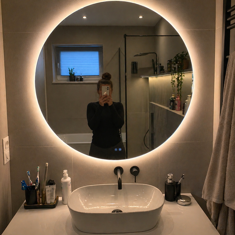 Runder Badspiegel mit warmer Hintergrundbeleuchtung über modernem Waschbecken im Badezimmer.