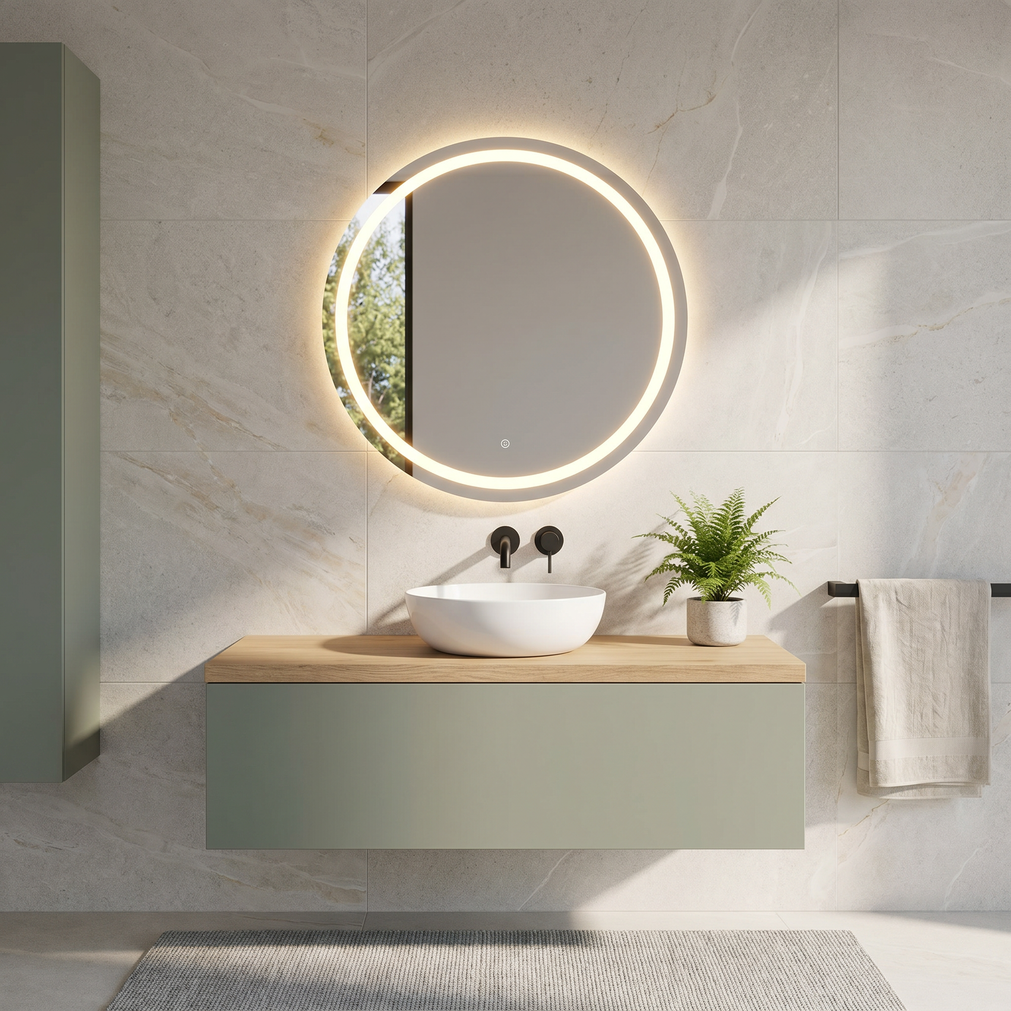 Modernes Badezimmer mit rundem LED-Spiegel über grünem Waschtisch