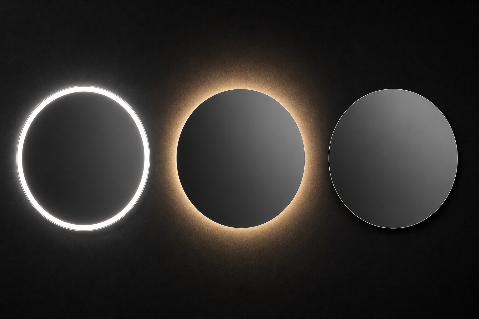 Vergleich runder Wandspiegel mit unterschiedlichen Beleuchtungsarten: heller LED-Ring, warme indirekte Hintergrundbeleuchtung und schlichter Spiegel ohne Licht. Ideal zur Auswahl moderner SPIEGELMAX Spiegel für Bad, Flur und Wohnbereich.