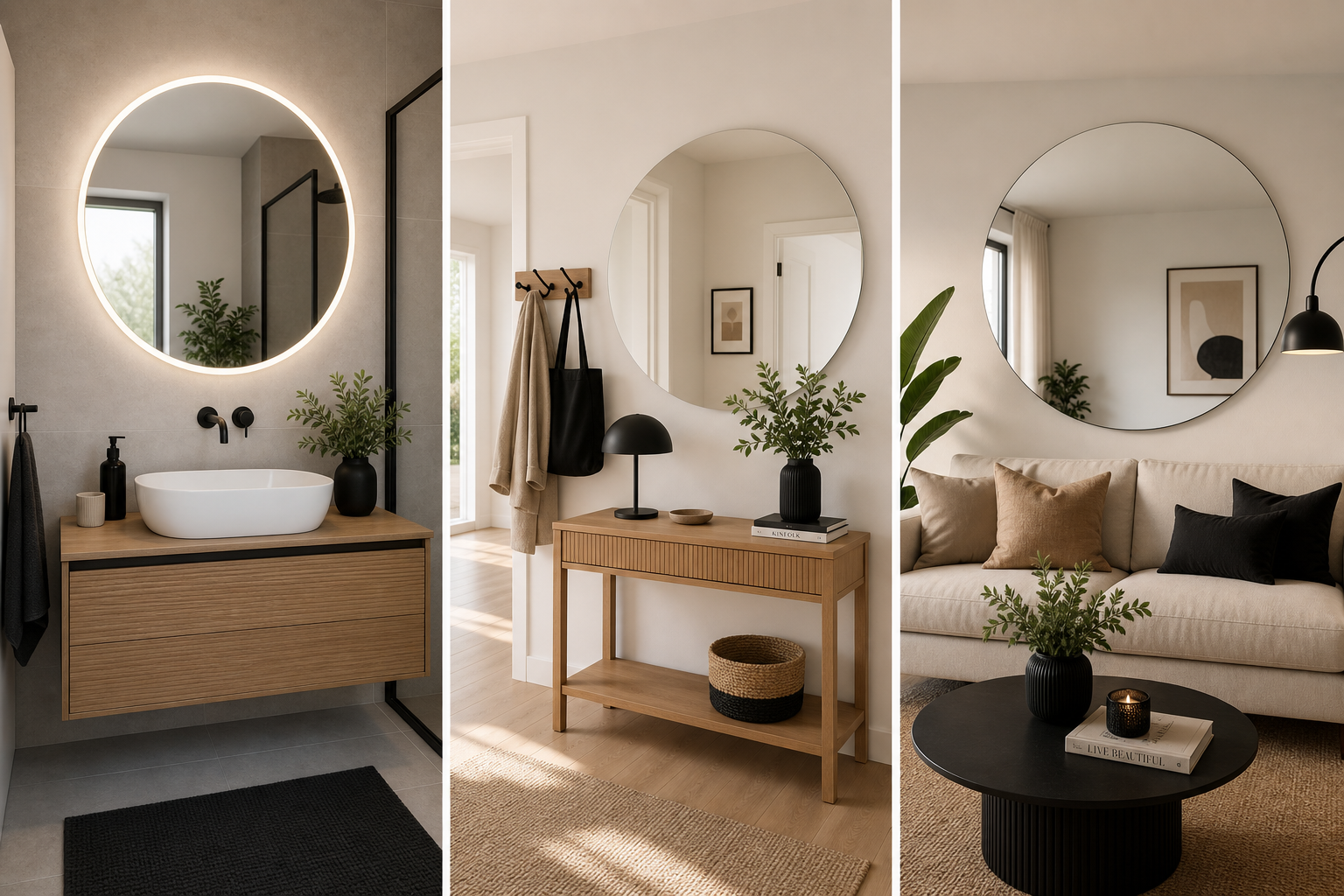 Runde SPIEGELMAX Wandspiegel für Bad, Flur und Wohnbereich. Das Bild zeigt vielseitige Einsatzmöglichkeiten runder Spiegel über dem Waschtisch, im Eingangsbereich und über dem Sofa für ein helles, modernes Raumgefühl.