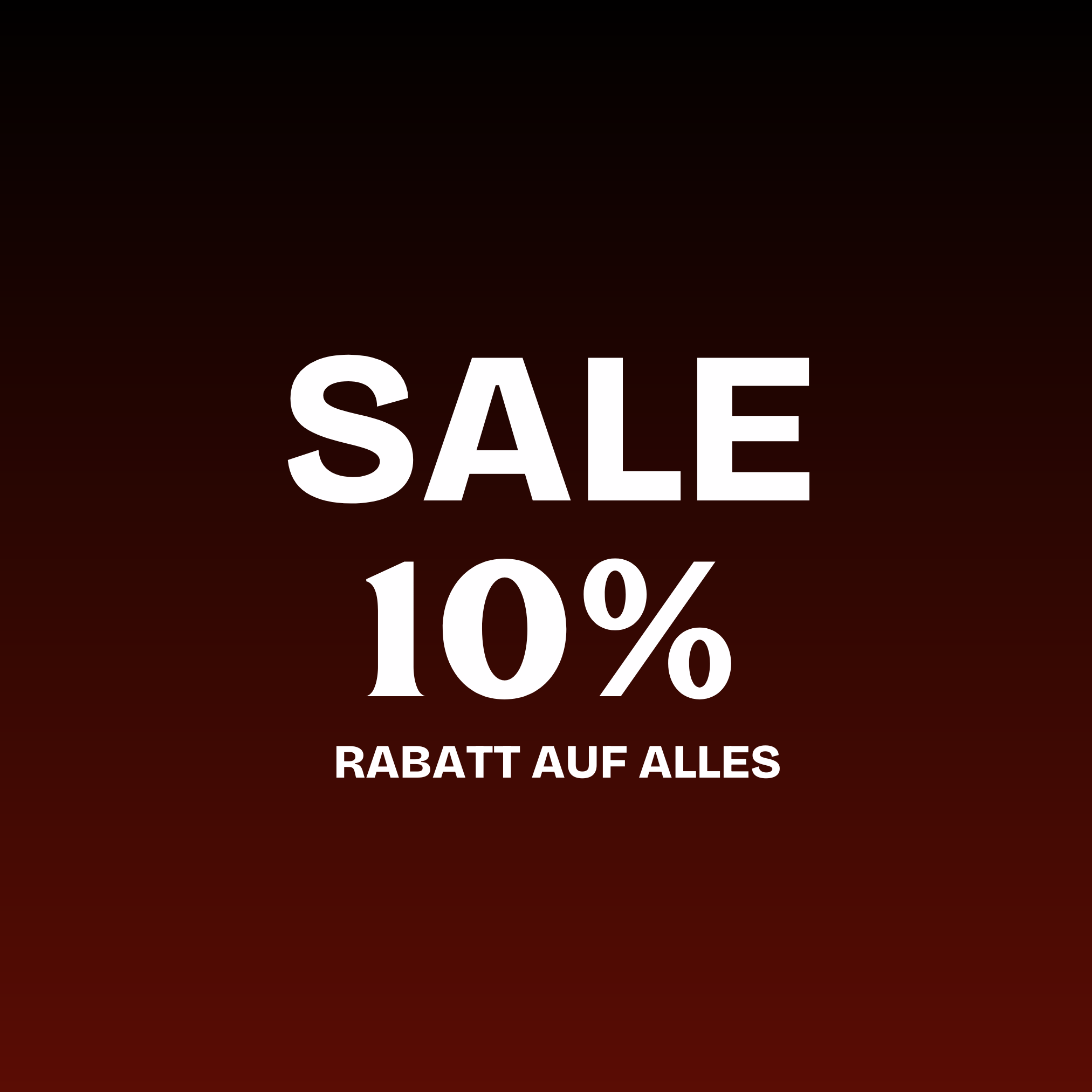 Grafik mit ‘SALE 10%’ und ‘Rabatt auf alles’ auf dunkelbraunem Hintergrund. Rabattcode wird automatisch angewendet.