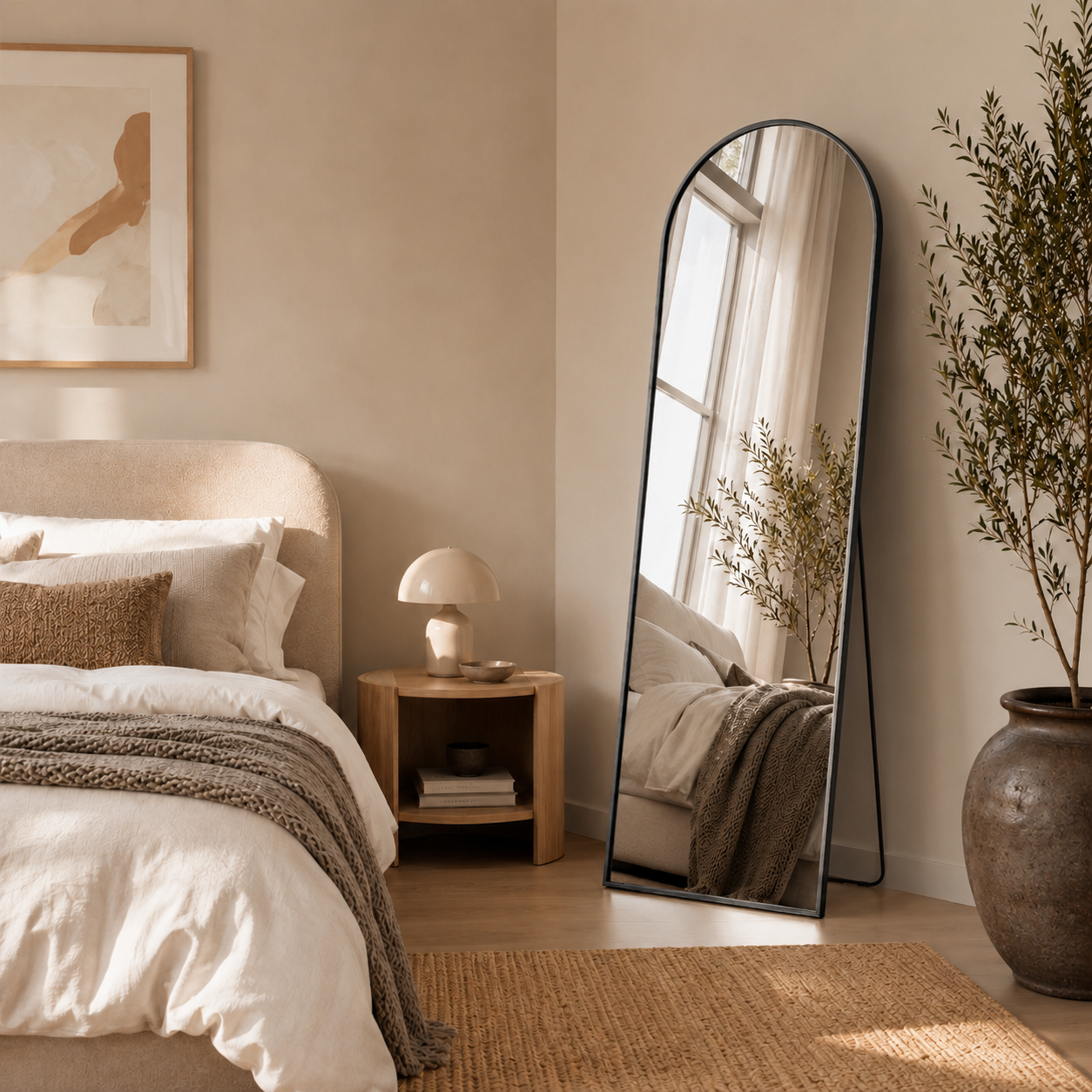 Moderner schwarzer Bogenspiegel Elisse mit schmalem Aluminiumrahmen, elegant im Schlafzimmer neben dem Bett platziert.