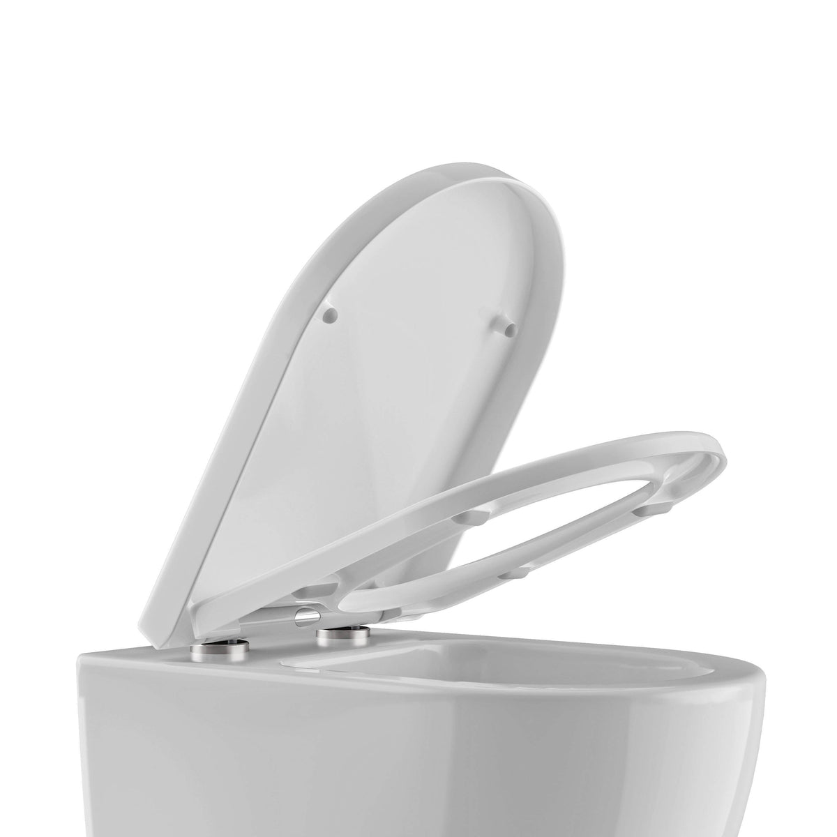 Weißer WC-Sitz mit schräg geöffnetem Deckel und Sitzring