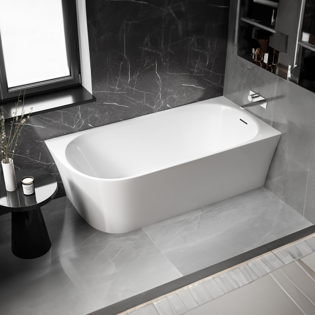 Glänzende Acryl-Eckbadewanne, 170 × 80 cm, mit abgerundeter Front und Einbau rechts
