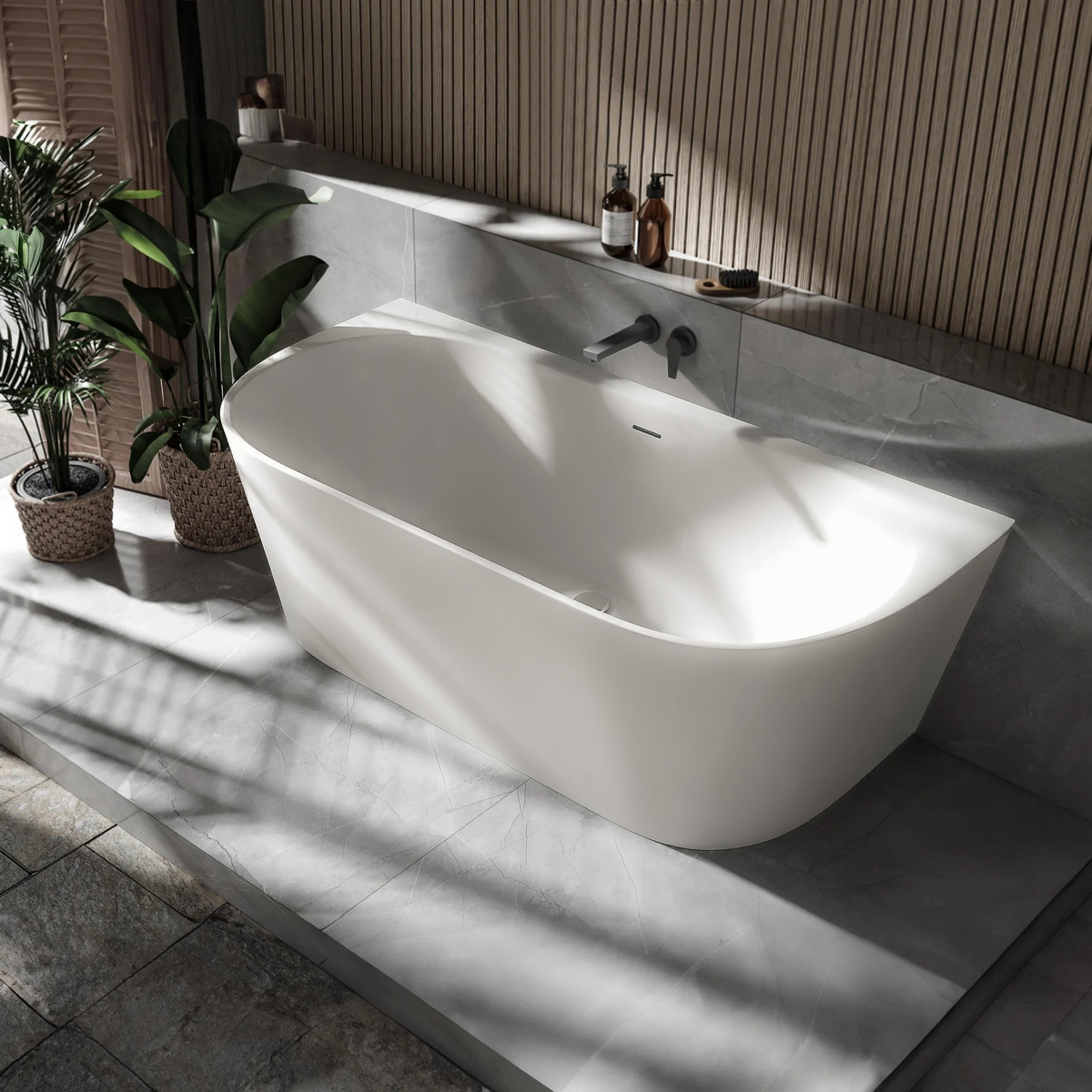 Matteweiße Acryl-Vorwandbadewanne mit ovalem Innenbecken und geradliniger Außenform