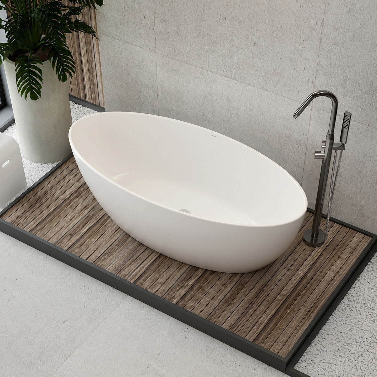 Freistehende Acrylbadewanne in ovaler Form mit weißer Oberfläche
