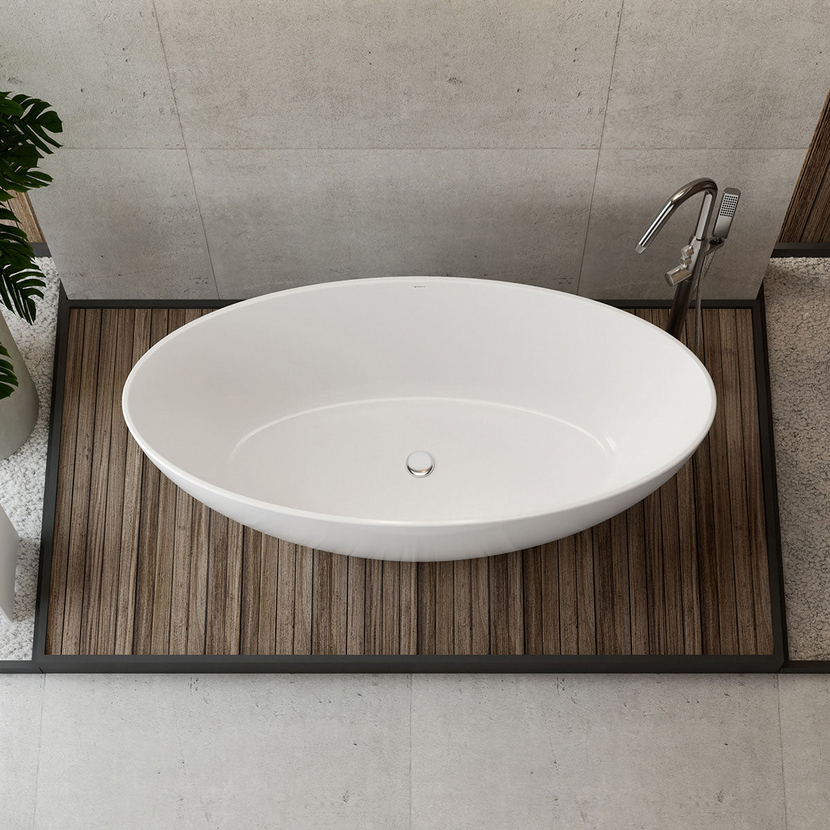 Ovale weiße Acrylbadewanne von oben mit sichtbarem Ablauf