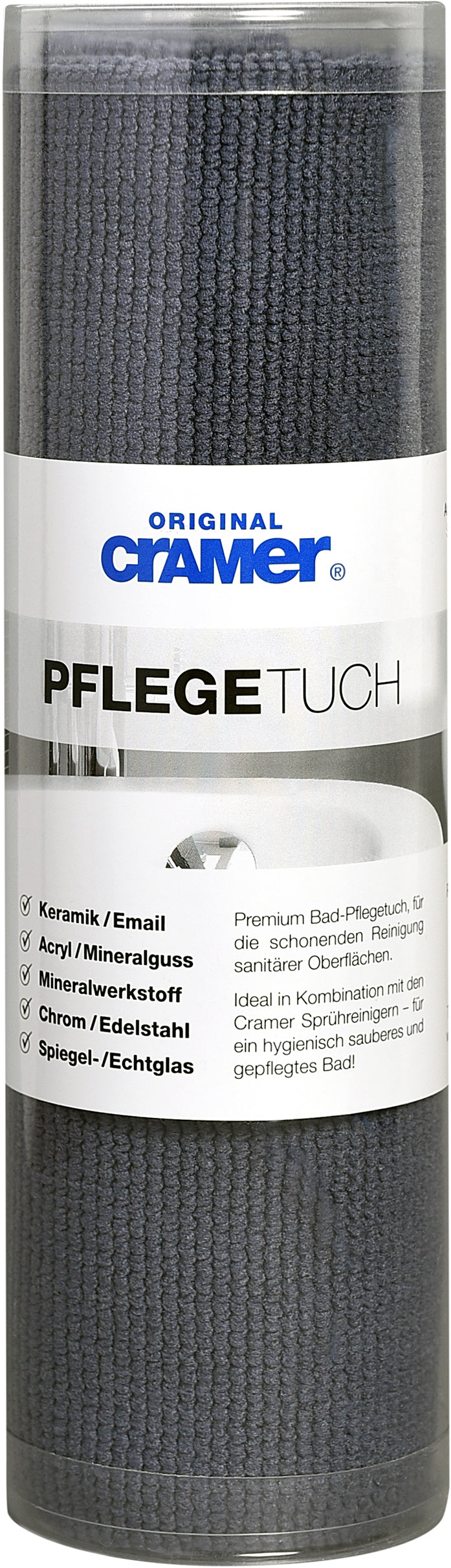 Bad-Pflegetuch für Sanitäroberflächen in Dunkelgrau, gerollt in einer transparenten Verpackung