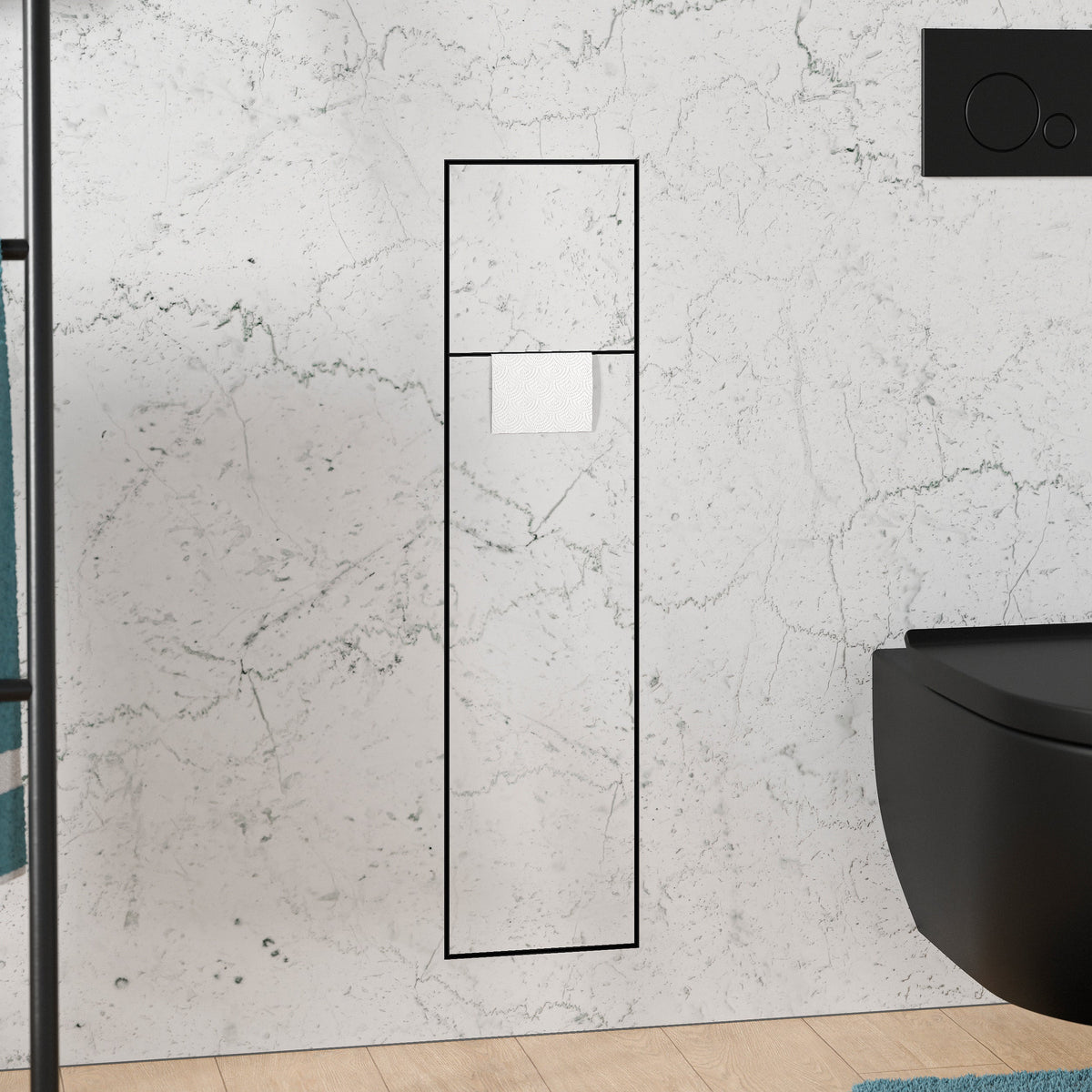 Befliesbares WC-Einbaumodul mit integriertem Papierfach und flächenbündiger Abdeckung