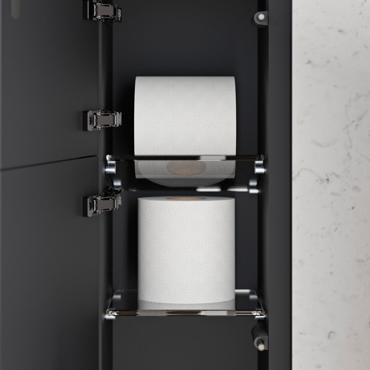 WC-Einbaumodul mit zwei Toilettenpapierrollen auf verchromten Halterungen