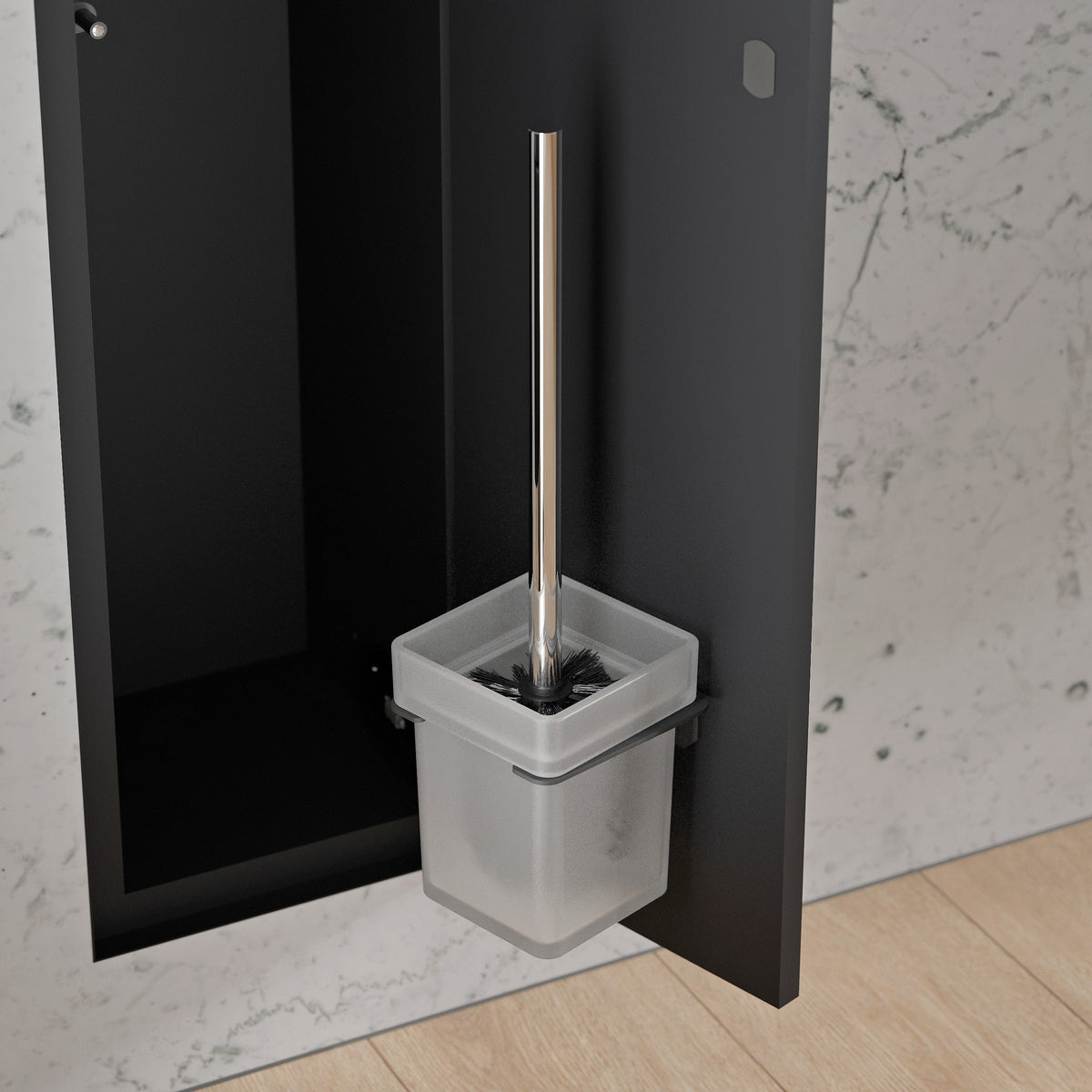 Toilettenbürstenhalter im geöffneten WC-Einbaumodul, mit Chromstiel