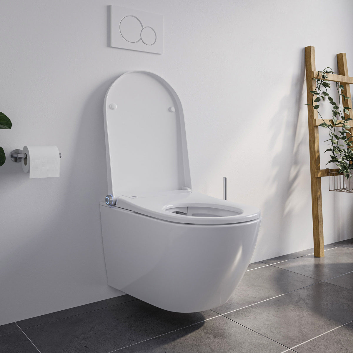 Wandhängendes Dusch-WC mit geöffnetem Deckel und sichtbarer Duschdüse