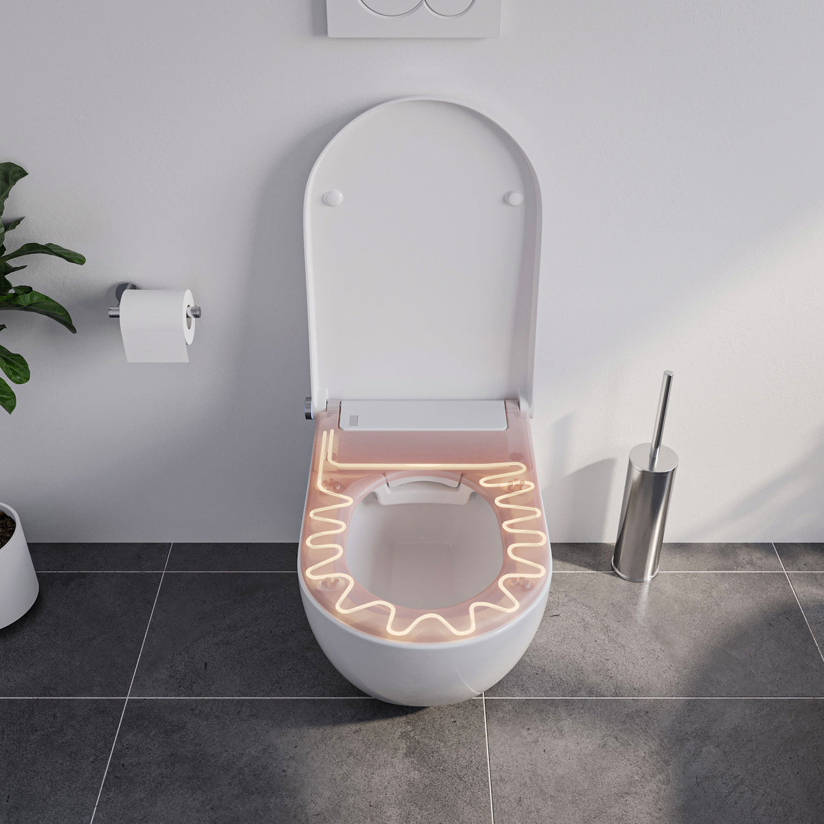 Dusch-WC mit geöffnetem Deckel und sichtbar hervorgehobener Sitzheizung