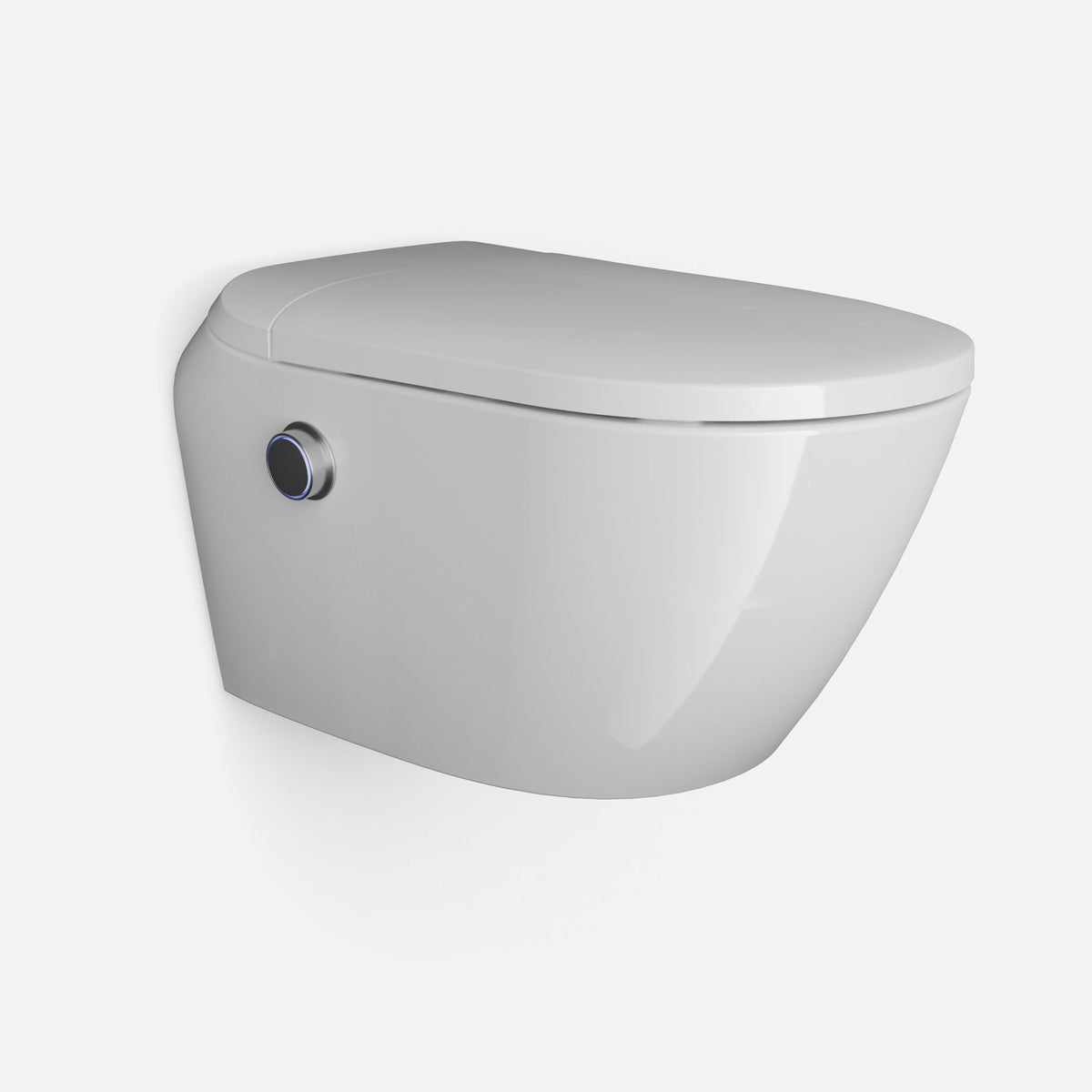 Weißes Dusch-WC mit geschlossenem Deckel und seitlichem Bedienknopf