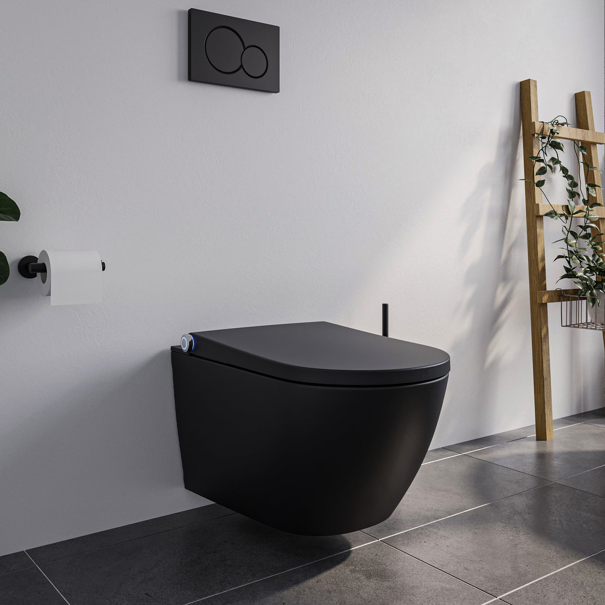 Wandhängendes Dusch-WC in mattem Schwarz mit geschlossenem Sitz und Sitzheizung