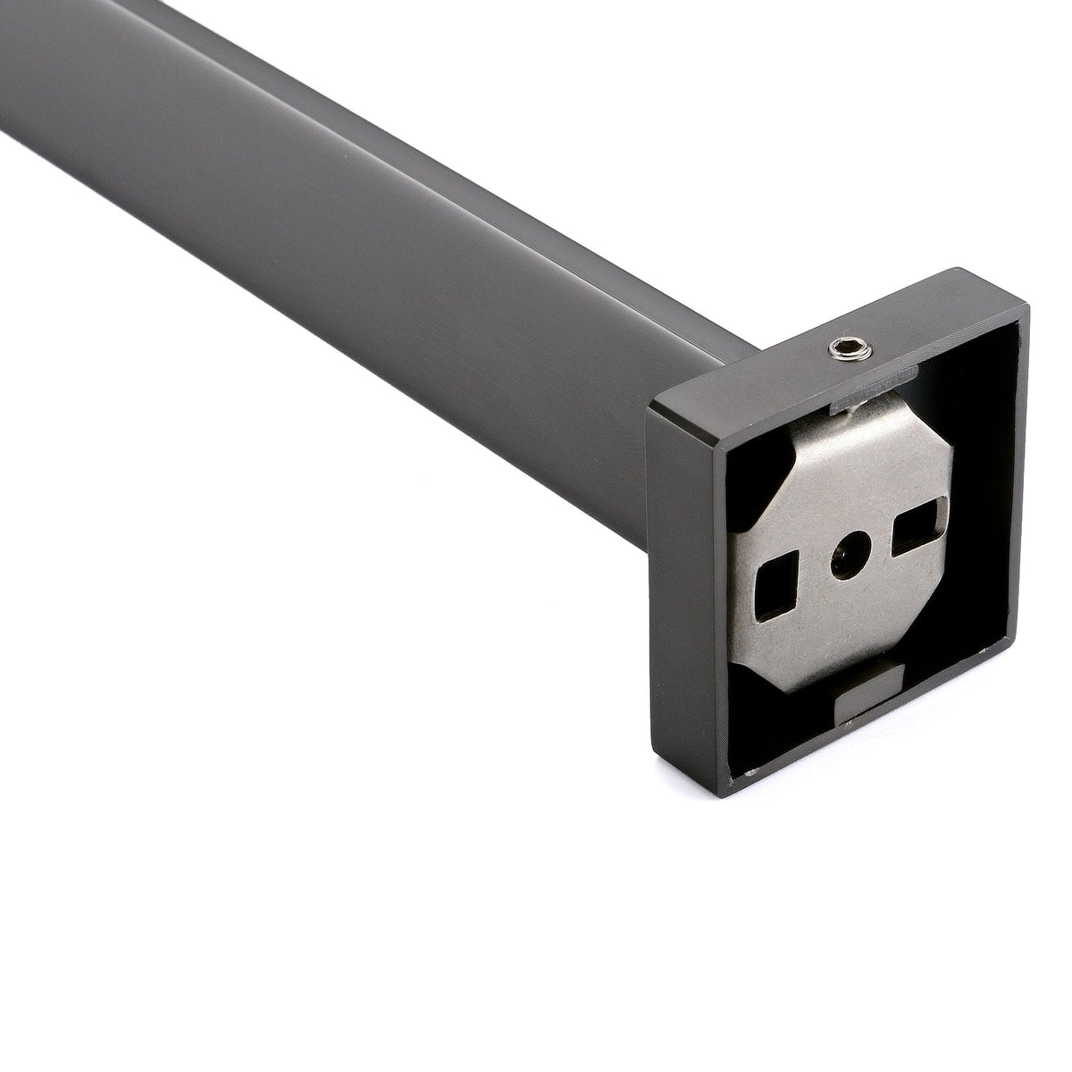 Wand-Handtuchstange aus Edelstahl in Gunmetal, Detail der eckigen Wandhalterung mit Befestigung