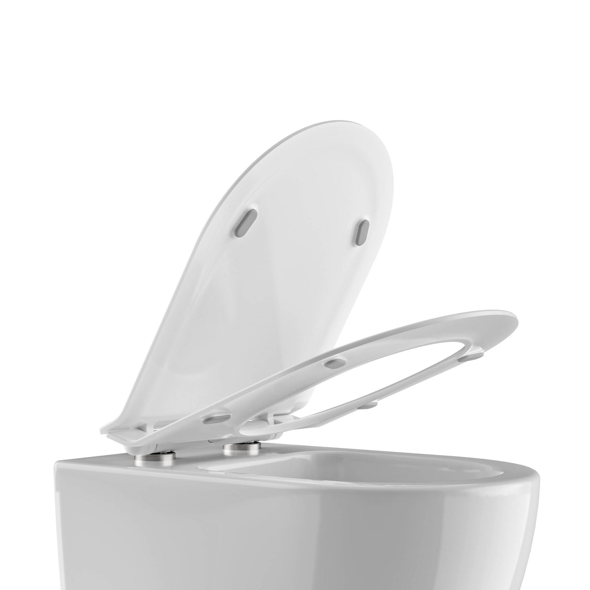 WC-Sitz mit angehobenem Deckel und hochgeklapptem Sitzring