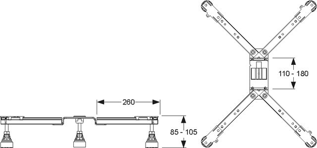 Flaches Fünffuß-Untergestell für Duschwannen – 85 bis 105 mm – Ansicht 2