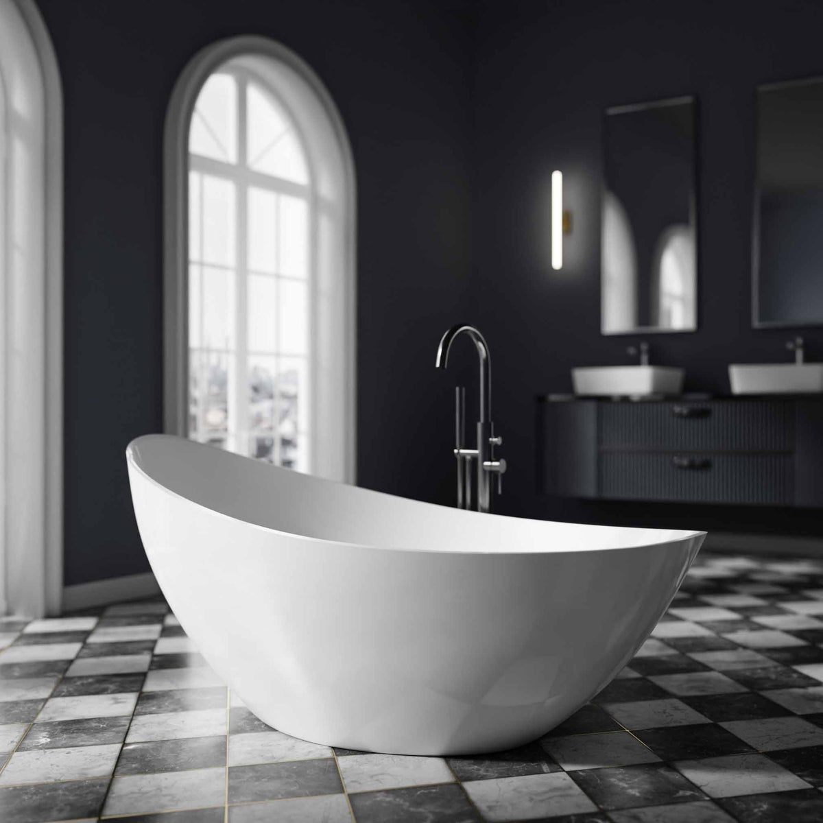 Freistehende Acrylbadewanne in Weiß mit erhöhten Enden und glänzender Oberfläche