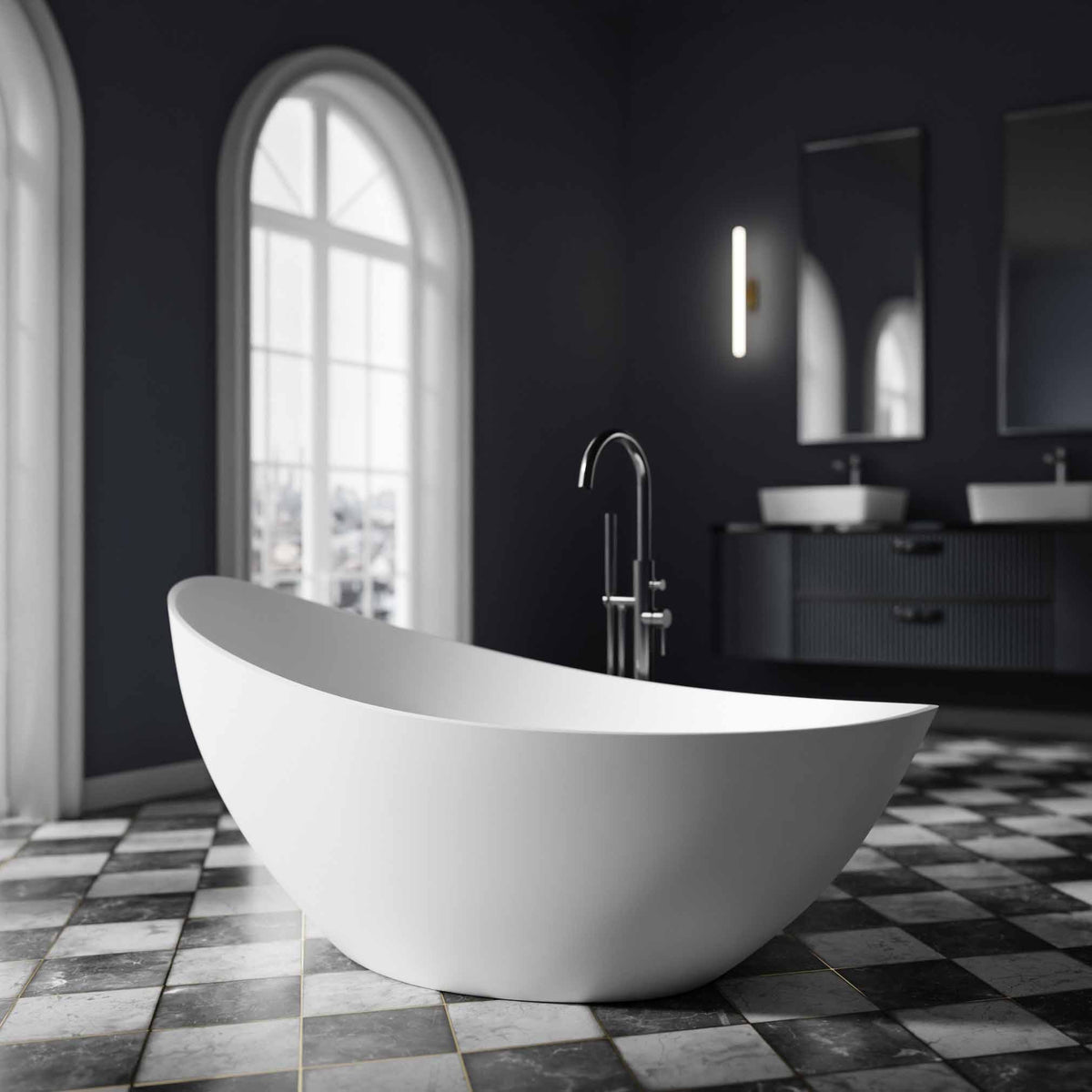 Freistehende Acrylbadewanne in Weiß mit erhöhten Enden und matter Oberfläche