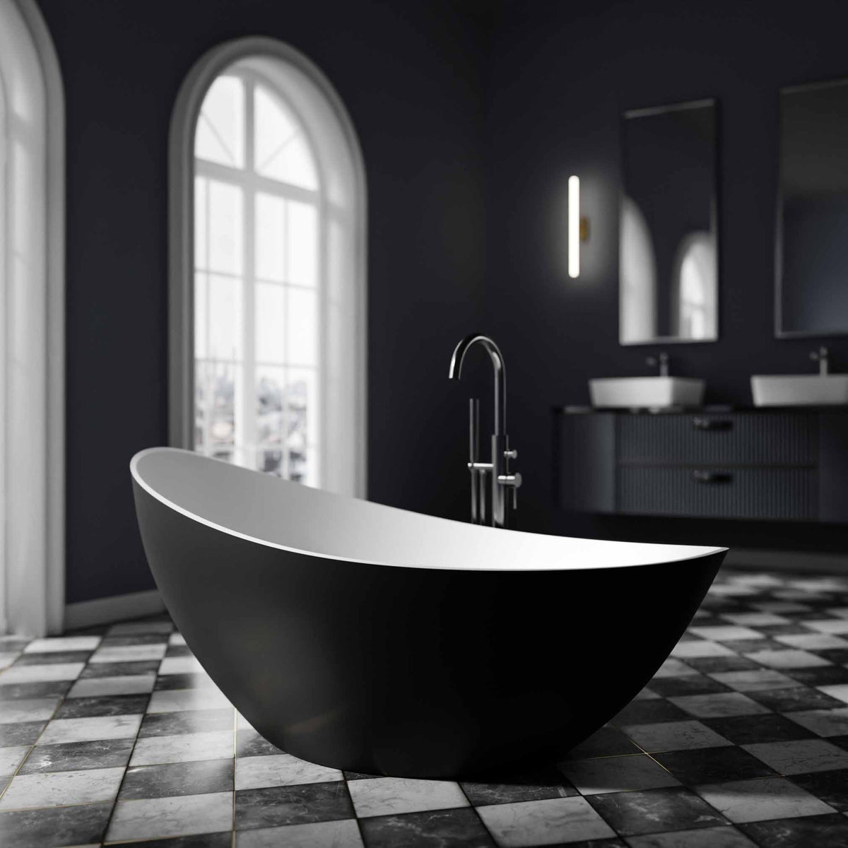 Freistehende Acrylbadewanne mit schwarzen Außenseiten, weißer Innenfläche und erhöhten Enden