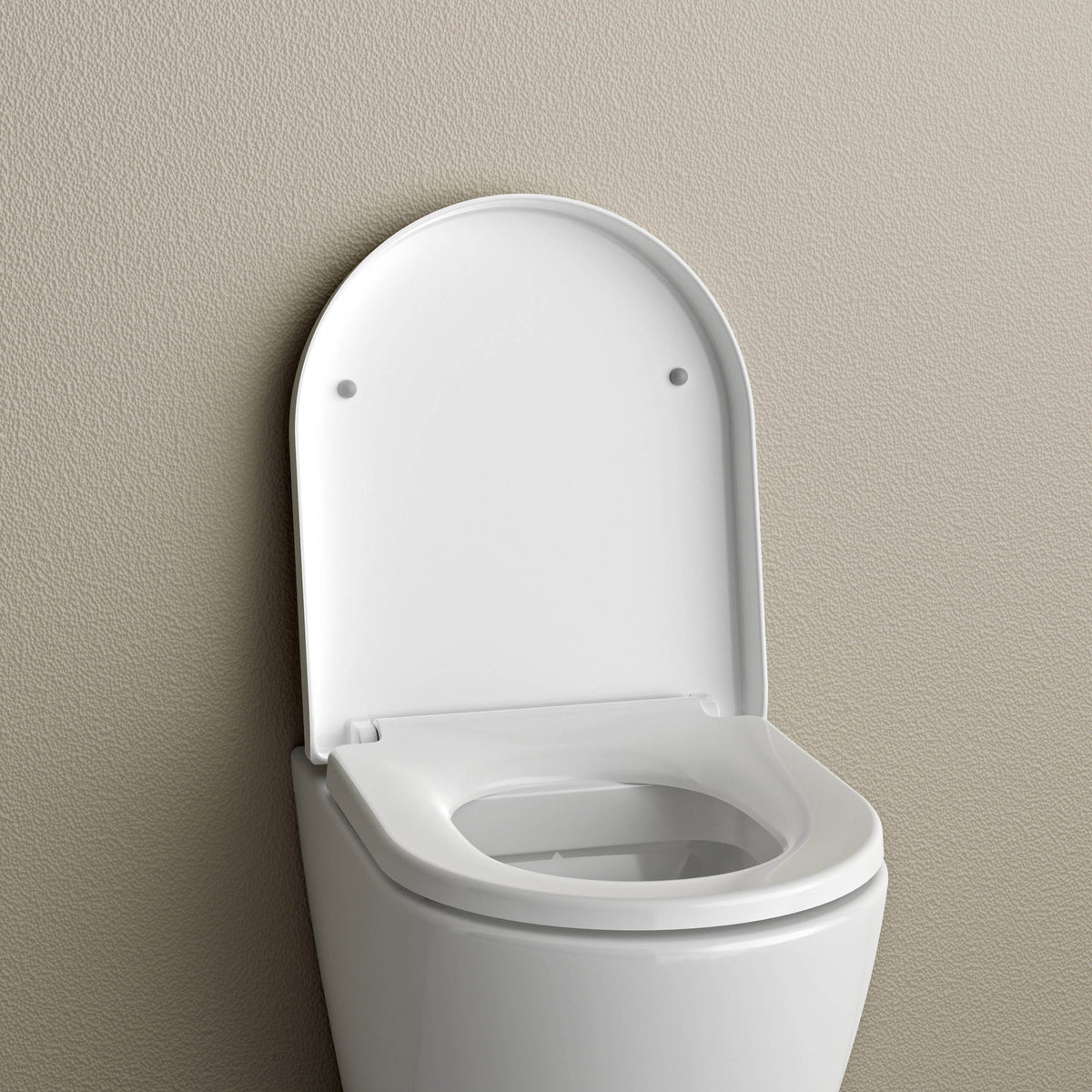 Kompakter weißer Duroplast-WC-Sitz mit hochgeklapptem Deckel und Softclose