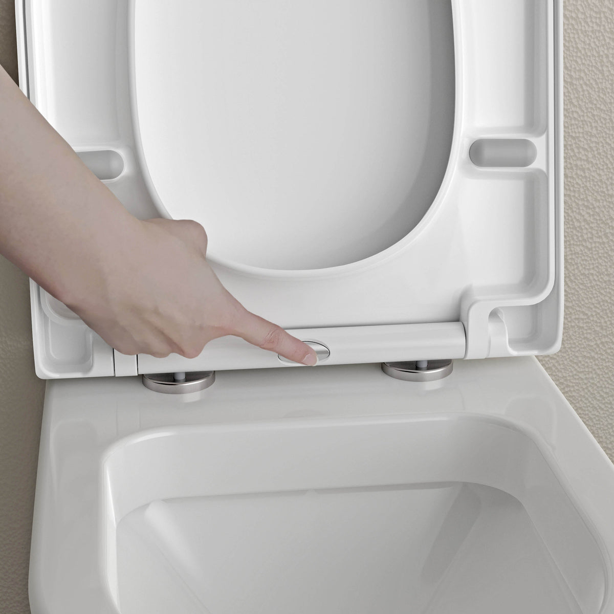 WC-Sitz mit Entriegelungsknopf zum Abnehmen, betätigt mit einem Finger