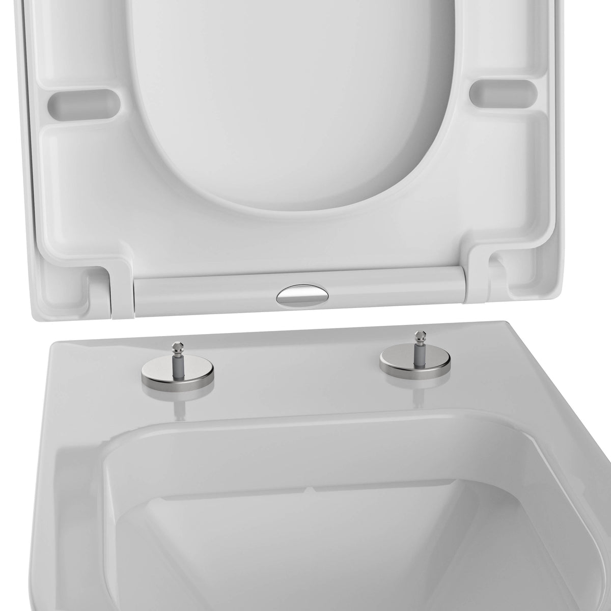 WC-Sitz mit abgenommenem Deckel und sichtbaren Befestigungsscharnieren