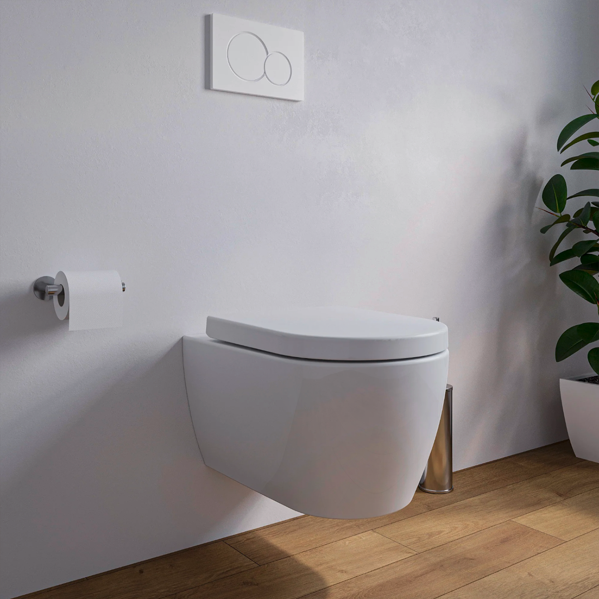 Kompaktes weißes Wand-WC mit geschlossenem Softclose-Sitz, wandhängend und 48,5 cm tief