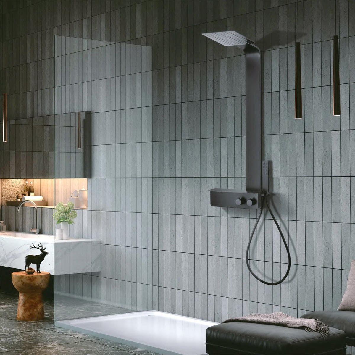 Mattschwarzes Edelstahl-Duschsystem mit Thermostat, Regenduschkopf und Handbrause