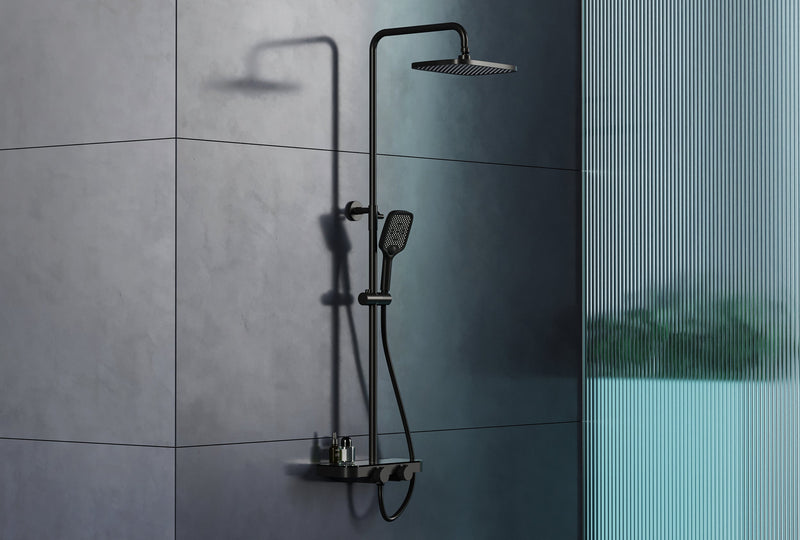 Mattschwarzes Thermostat-Duschsystem mit Ablage, rundem Duschkopf und eckiger Handbrause