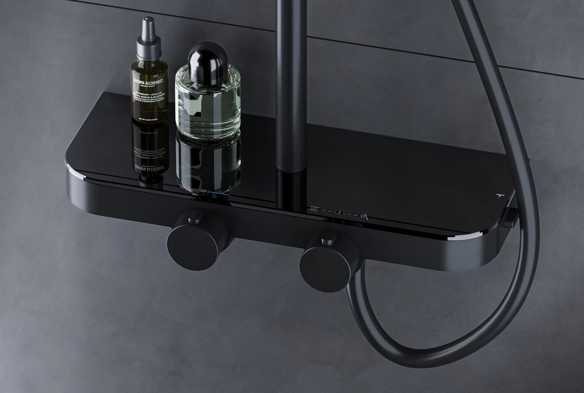 Mattschwarzes Thermostat-Duschsystem mit Ablage – Ansicht 3