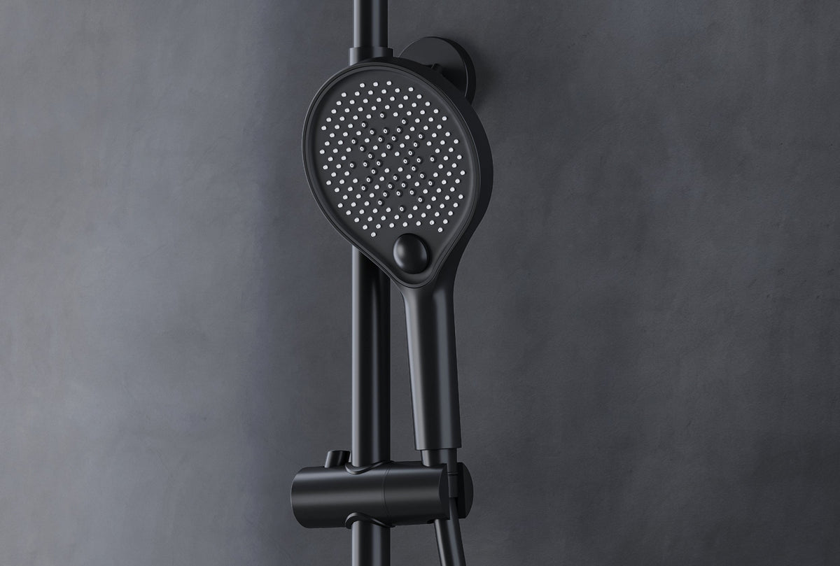 Mattschwarzes Thermostat-Duschsystem mit Ablage – Galerieansicht 6