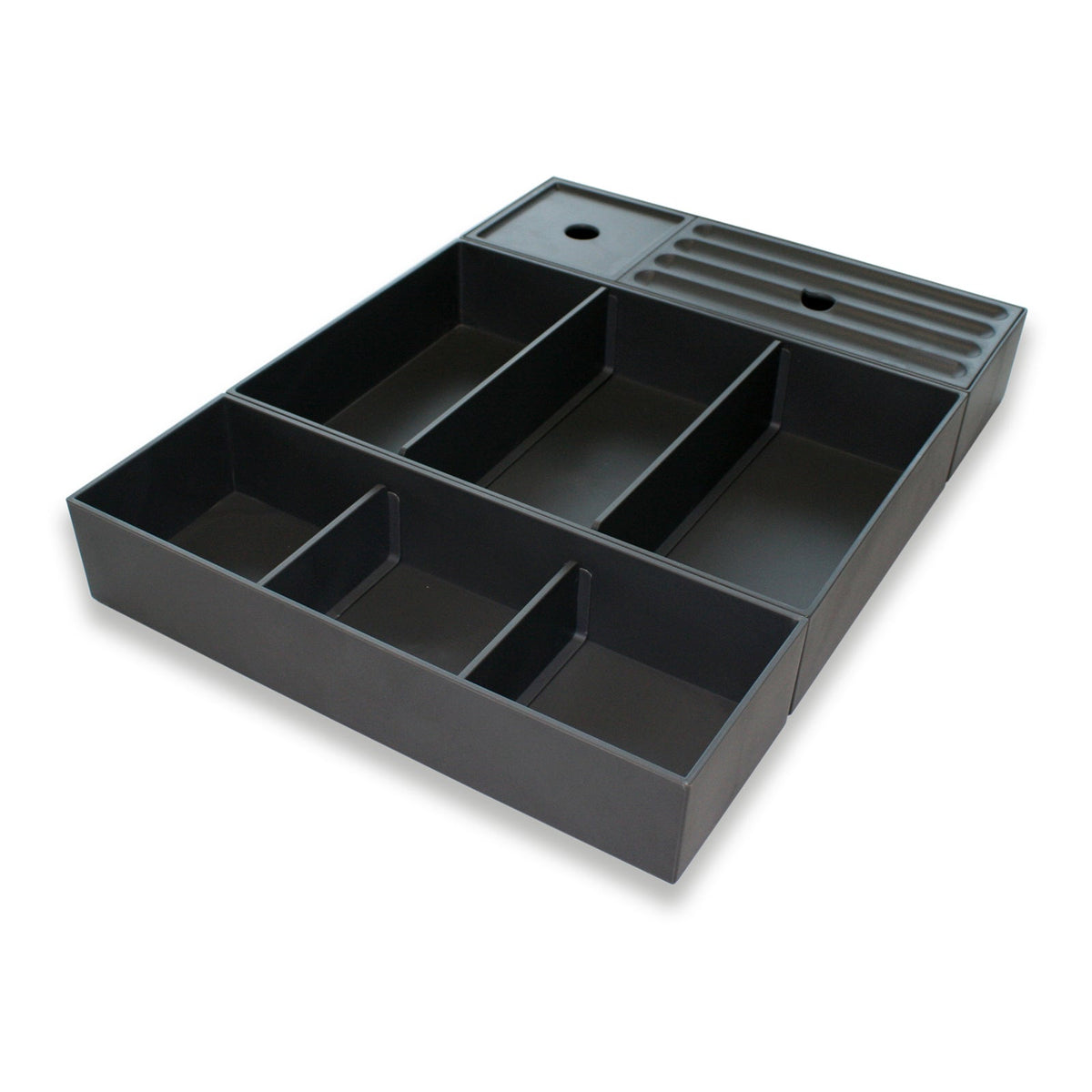 Modulares Schubladen-Ordnungssystem in Dunkelgrau mit mehreren Fächern