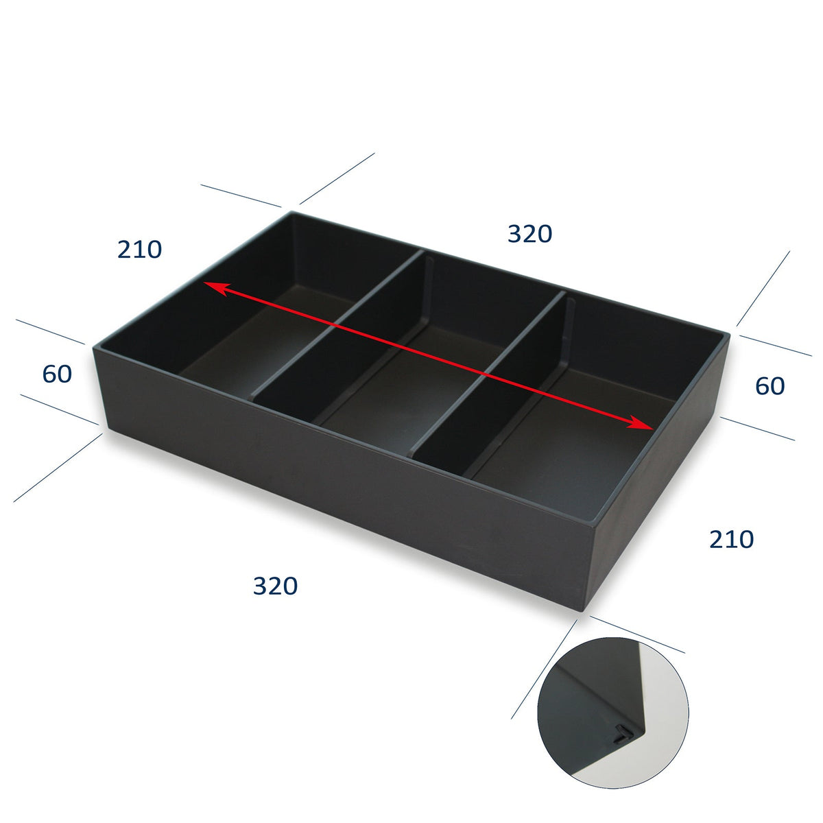 Modulares Schubladen-Ordnungssystem in Dunkelgrau mit Fächern und Maßangaben