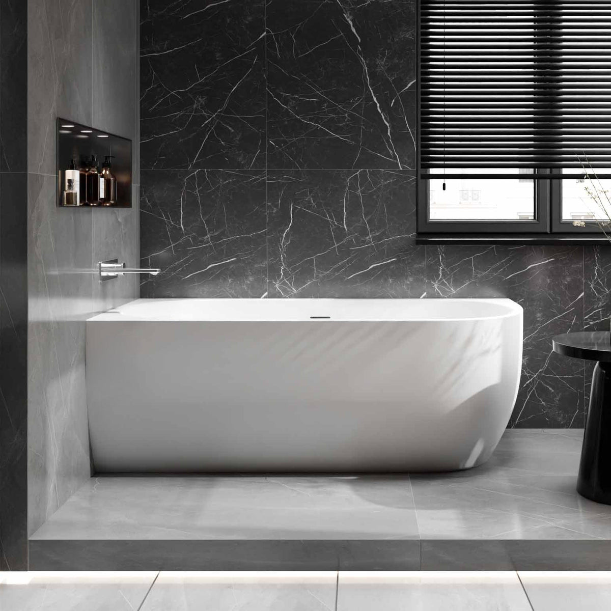 Ovale Acryl-Eckbadewanne links, weiß, freistehend mit abgerundeter Stirnseite