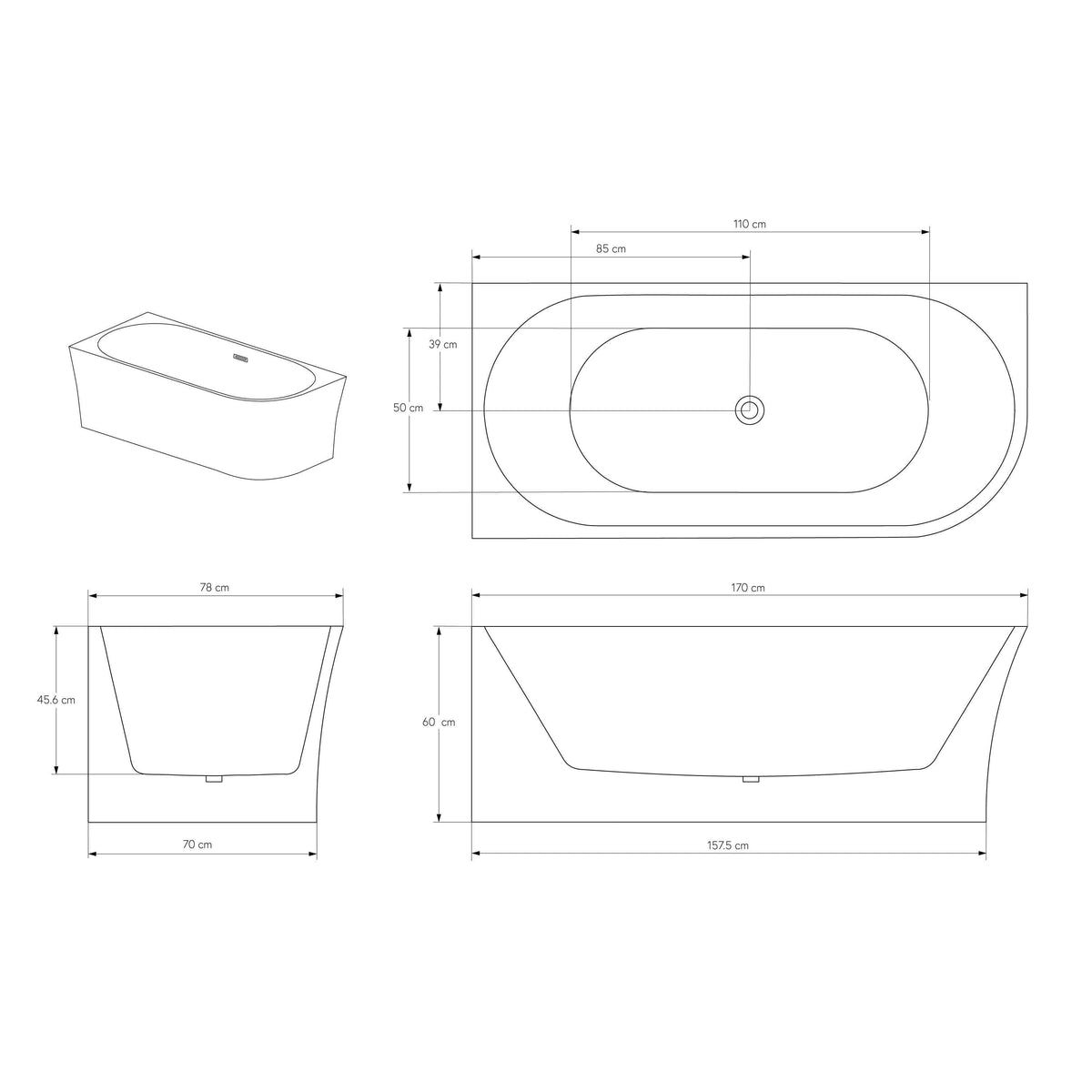 Schmale Acryl-Eckbadewanne 170 × 78 cm – links – Galerieansicht 9