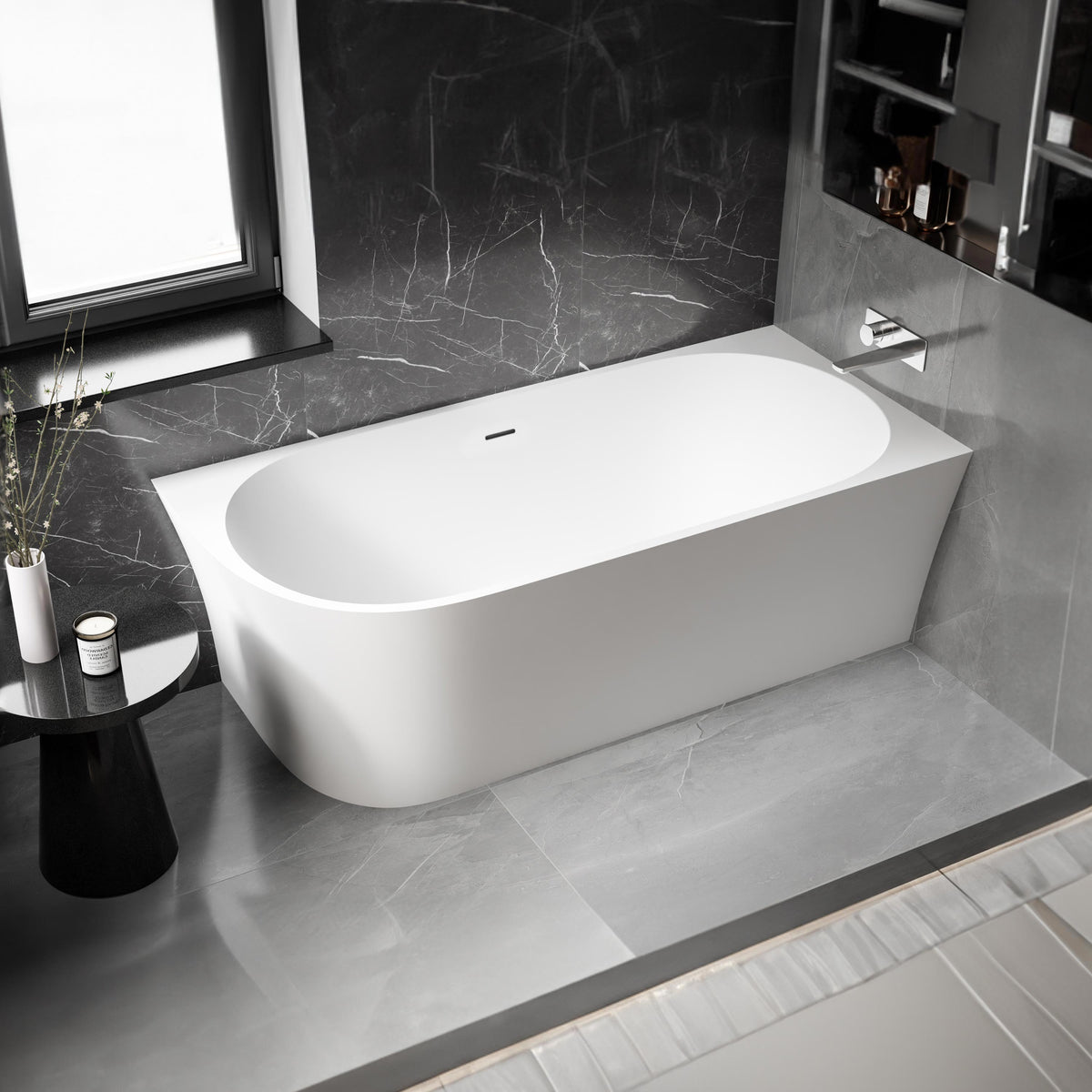 Schmale rechte Acryl-Eckbadewanne in Weiß matt, 170 × 78 cm, mit abgerundeter Front.