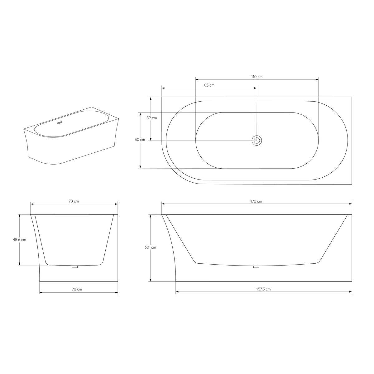 Schmale Acryl-Eckbadewanne 170 × 78 cm – rechts – Galerieansicht 9