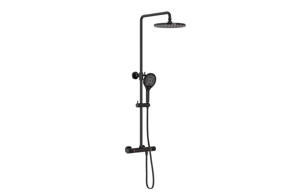 Schwarze Thermostat-Duschsäule mit runder Kopfbrause, Handbrause und Brausestange