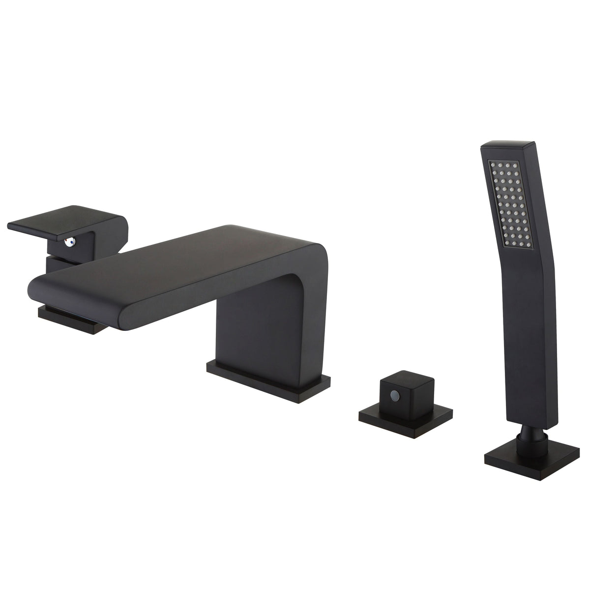 Schwarze Vierloch-Wannenrandarmatur mit flachem Wasserfallauslauf, Hebel, Reglern und Handbrause