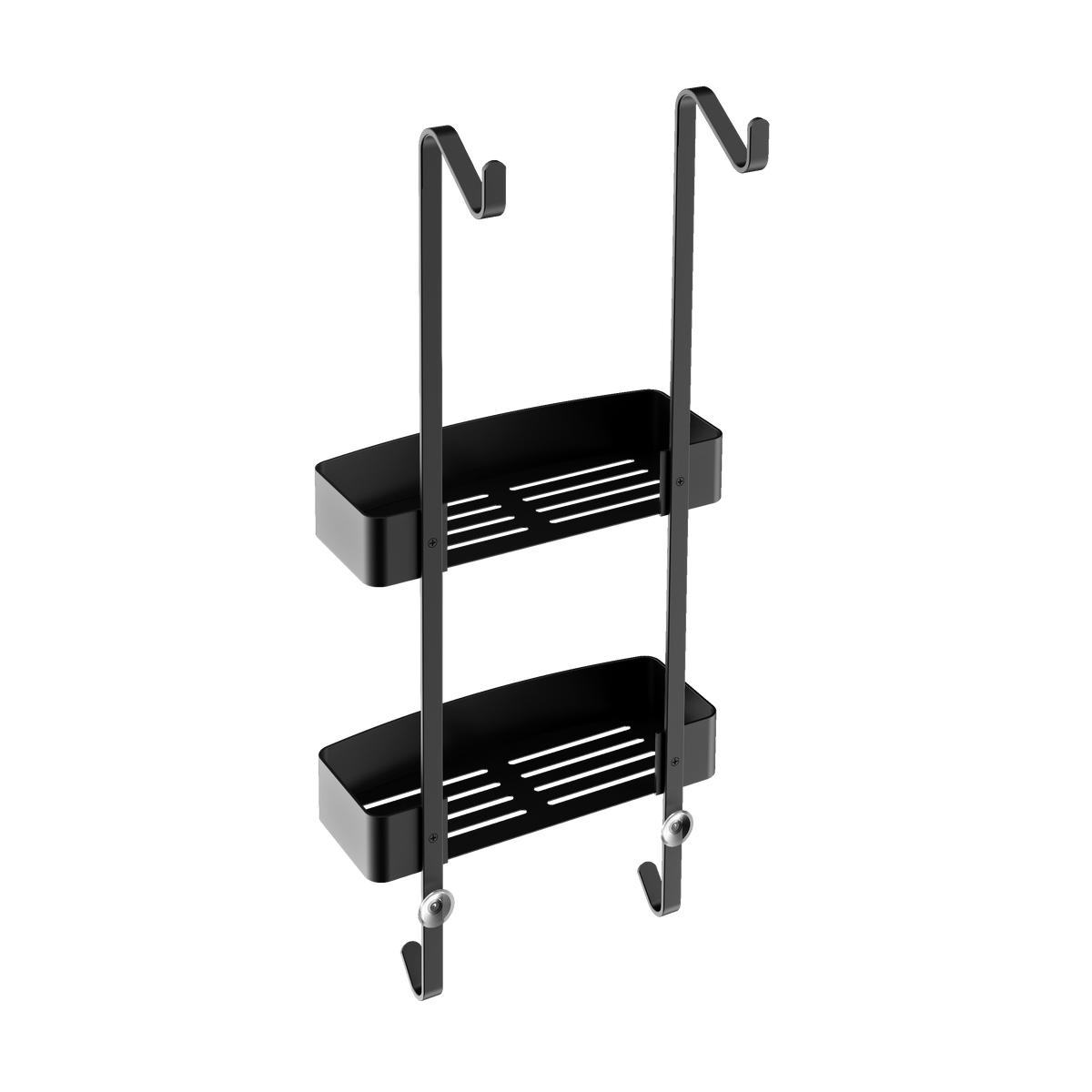Rückseite des Duschkorbs aus schwarzem Aluminium mit zwei Ablagen und vier Haken